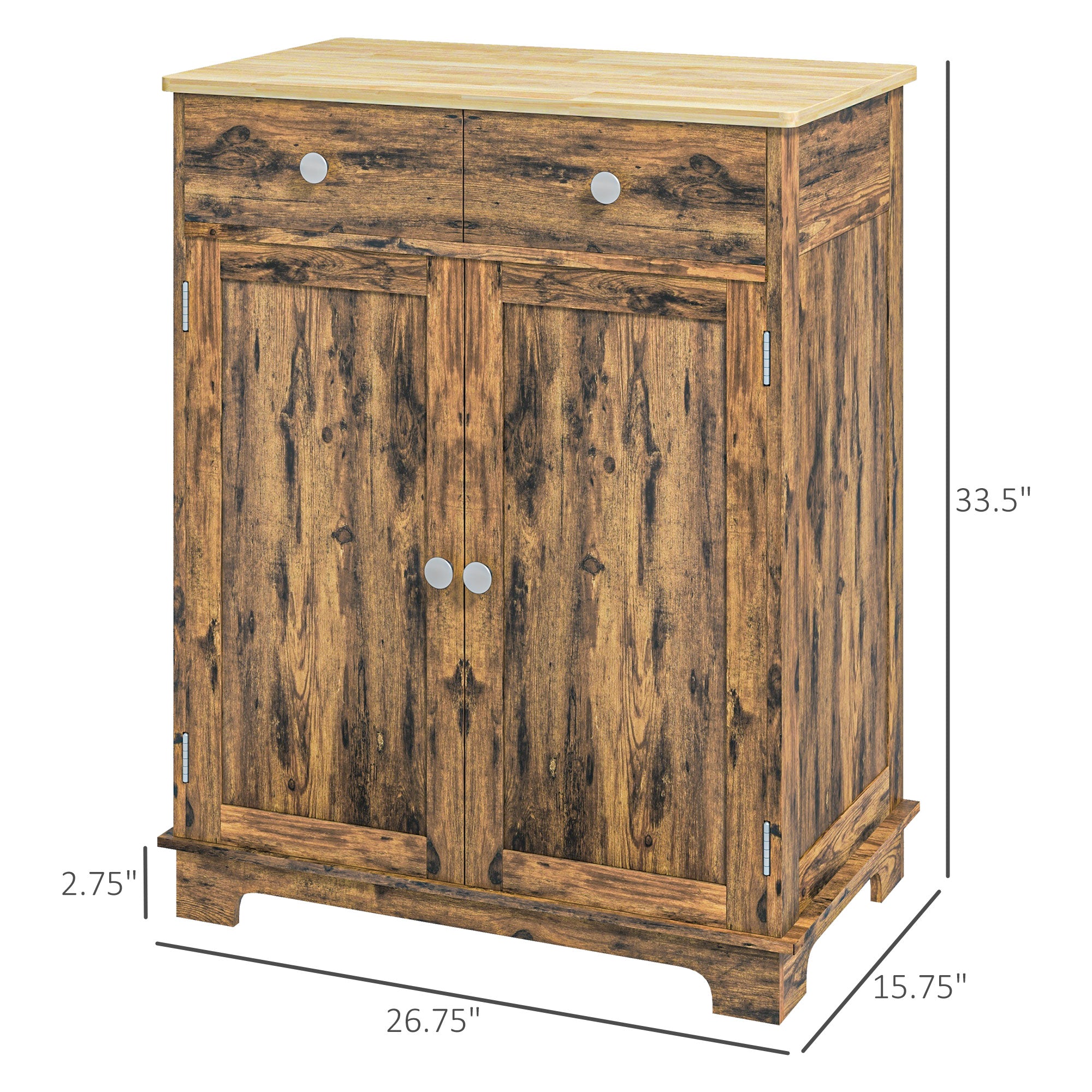 Kitchen Storage Cabinet, Sideboard Floor Cupboard with Solid Wood Top, Adjustable Shelf, and 2 Drawers, Brown