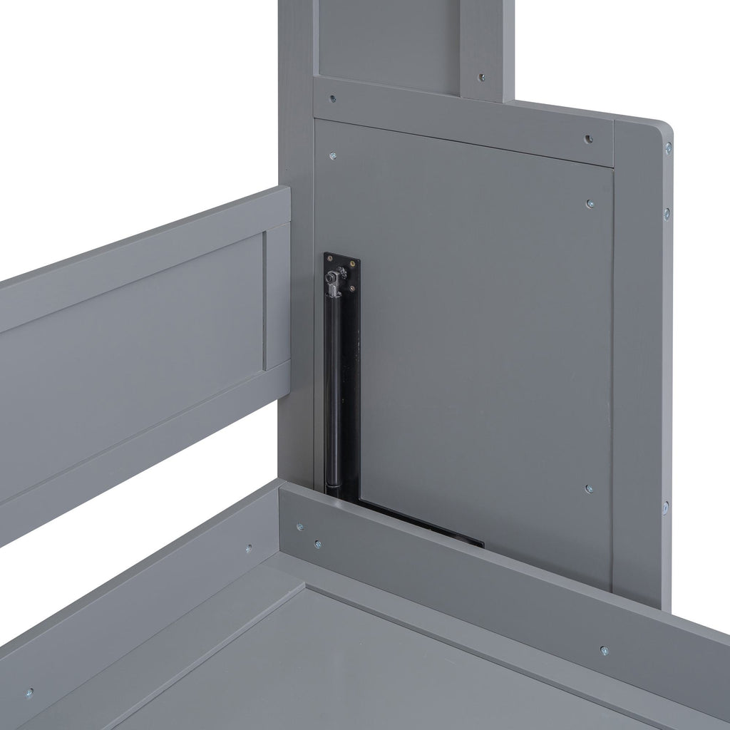 Space-Saving Design Queen Size Murphy Bed with Shelf, Solid Wood and MDF, 86" L x 69.5" W x 87" H, Gray