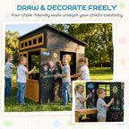 Outdoor Playhouse, Wooden Kids Playhouse w/ Picnic Table & Benches, Chalkboards, Half Door, Windows, for Kids Ages 3-8