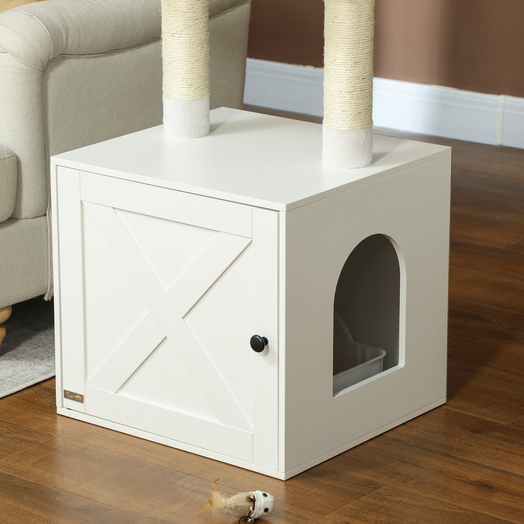 Cat Tree with Litter Box Enclosure, Scratching Posts, Bed, Climbing Platforms for Indoor Cats, White