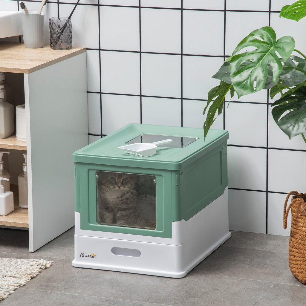 Fully Enclosed Cat Litter Box with Front Entry and Top Exit, Plastic, Green & White