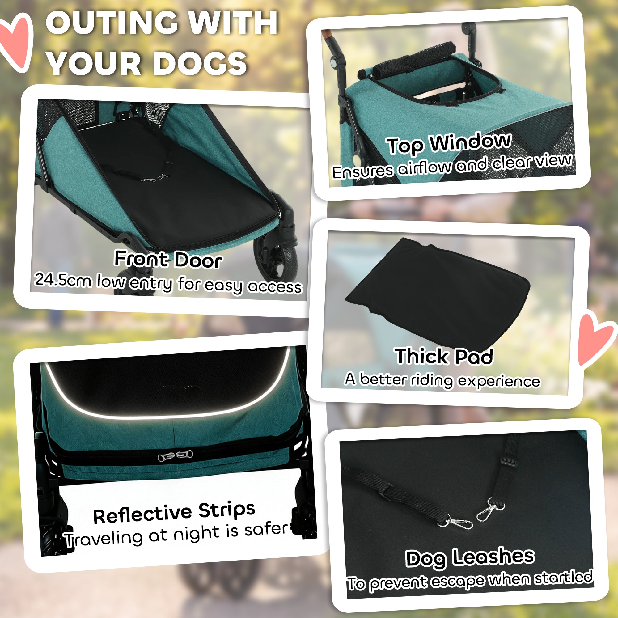 Dog Stroller for Large Dogs Up to 66 LBS with All-Terrain Spring Suspension, 8-Position Adjustable Handle, Teal