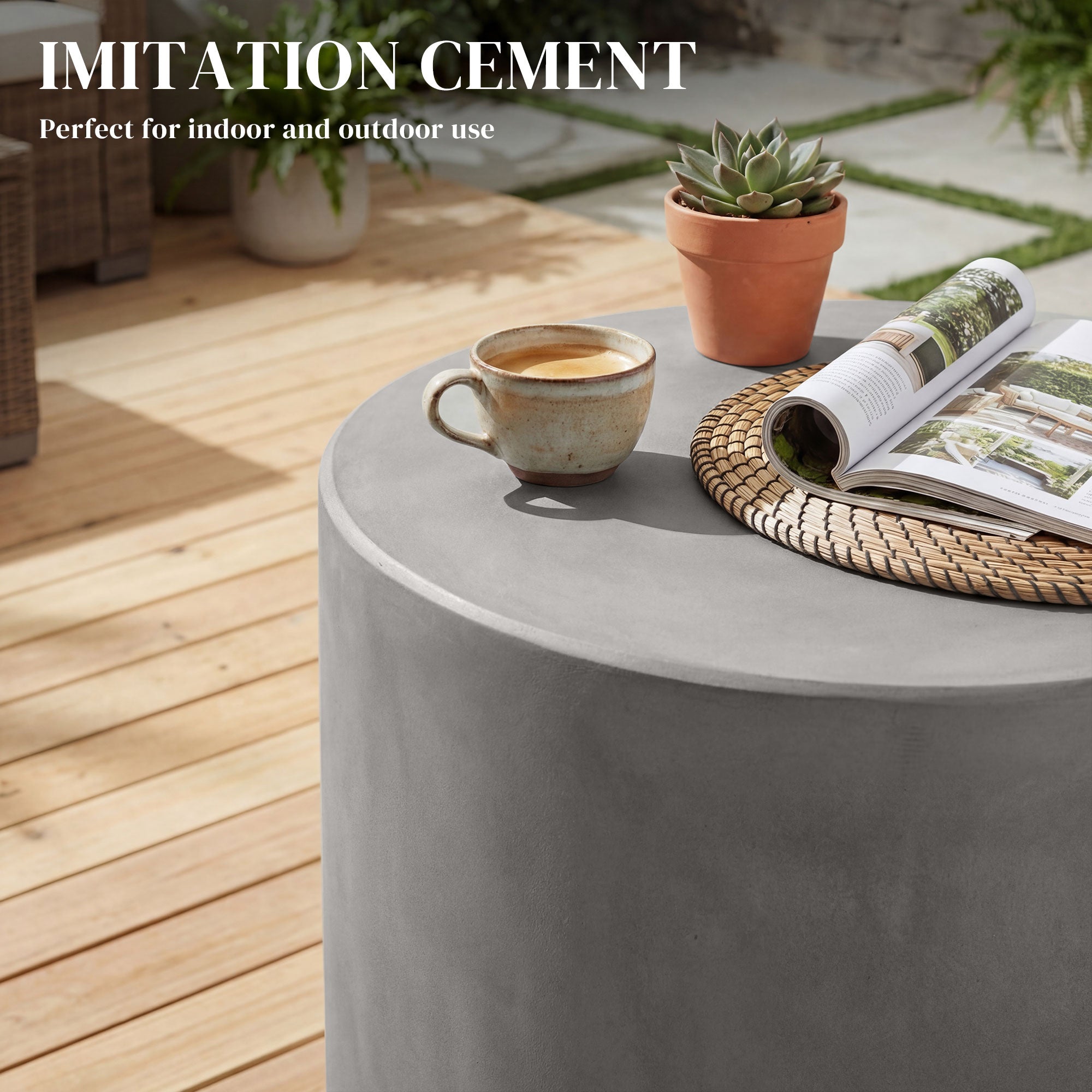 Lightweight Accent Table with Concrete Finish Round Side Table, Light Gray