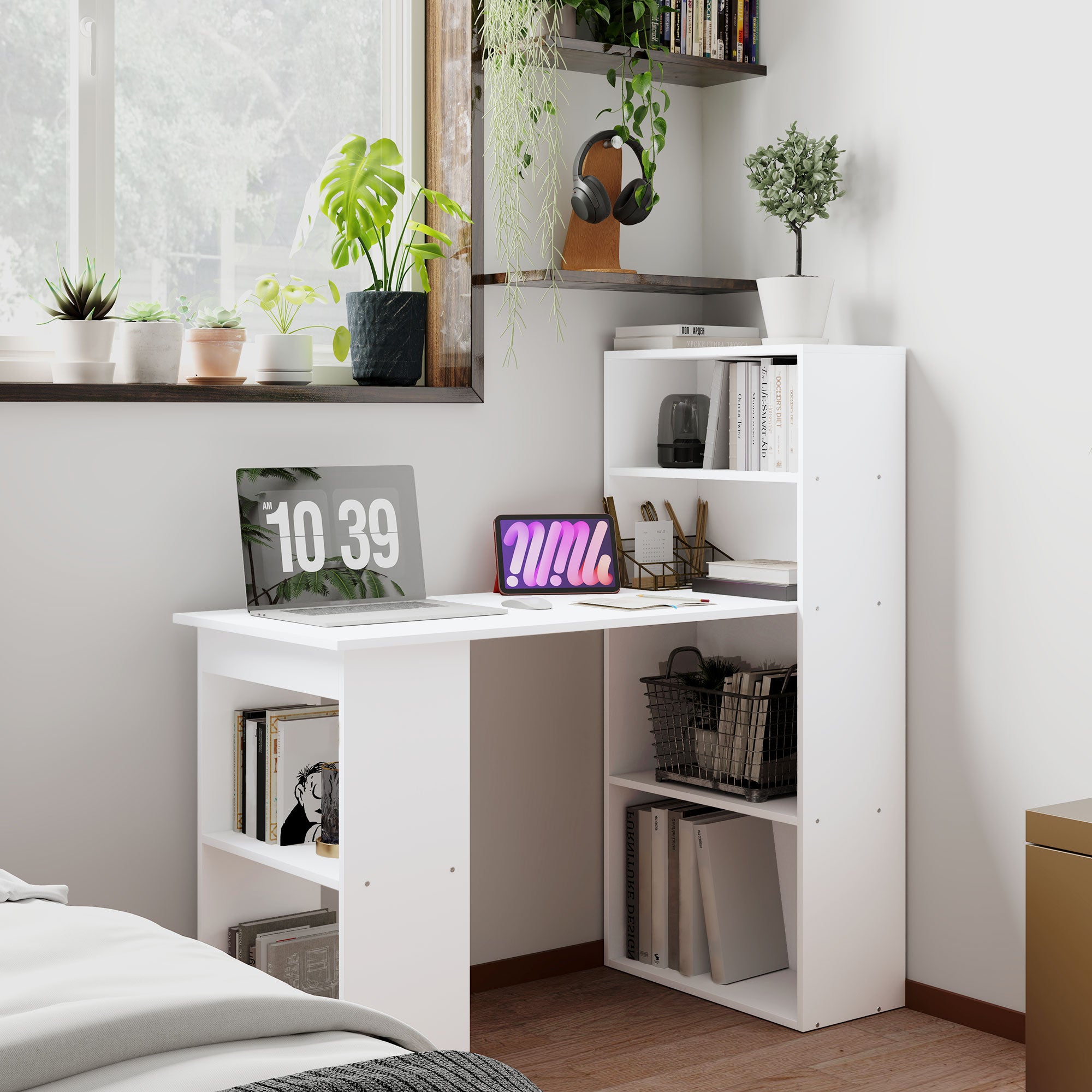 Computer Desk with 6-Tier Storage Shelves, Writing Desk Workstation with Bookshelf for Home Office, White
