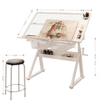 Hand-Crank Adjustable Drafting Table with 2 Large Metal Drawers, Drawing Desk with Tempered Glass Top, 40" L x 23.5" W x 29.5" H, White