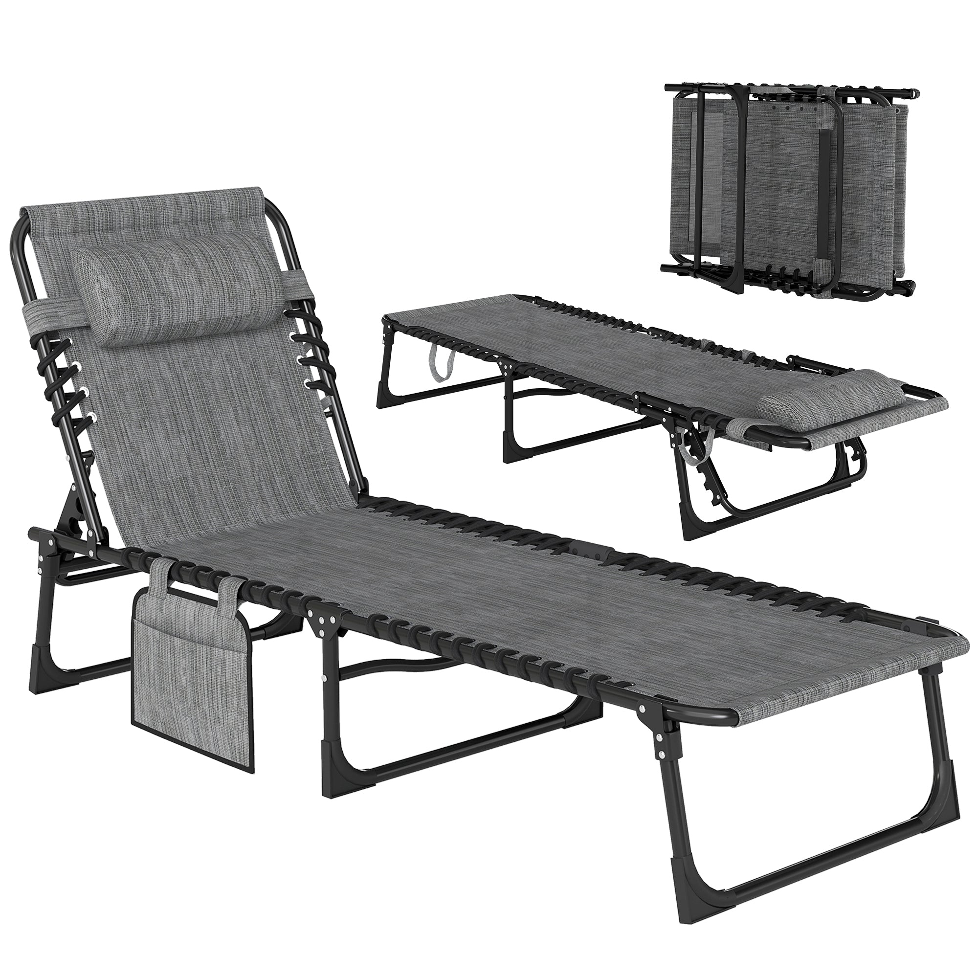 Folding Chaise Lounge Chair Outdoor, Sun Tanning Chair with Side Pocket, Carrying Strap, Portable Patio Beach Lounger with 5-Position Reclining Back, Headrest for Pool, Camping, Yard, Gray