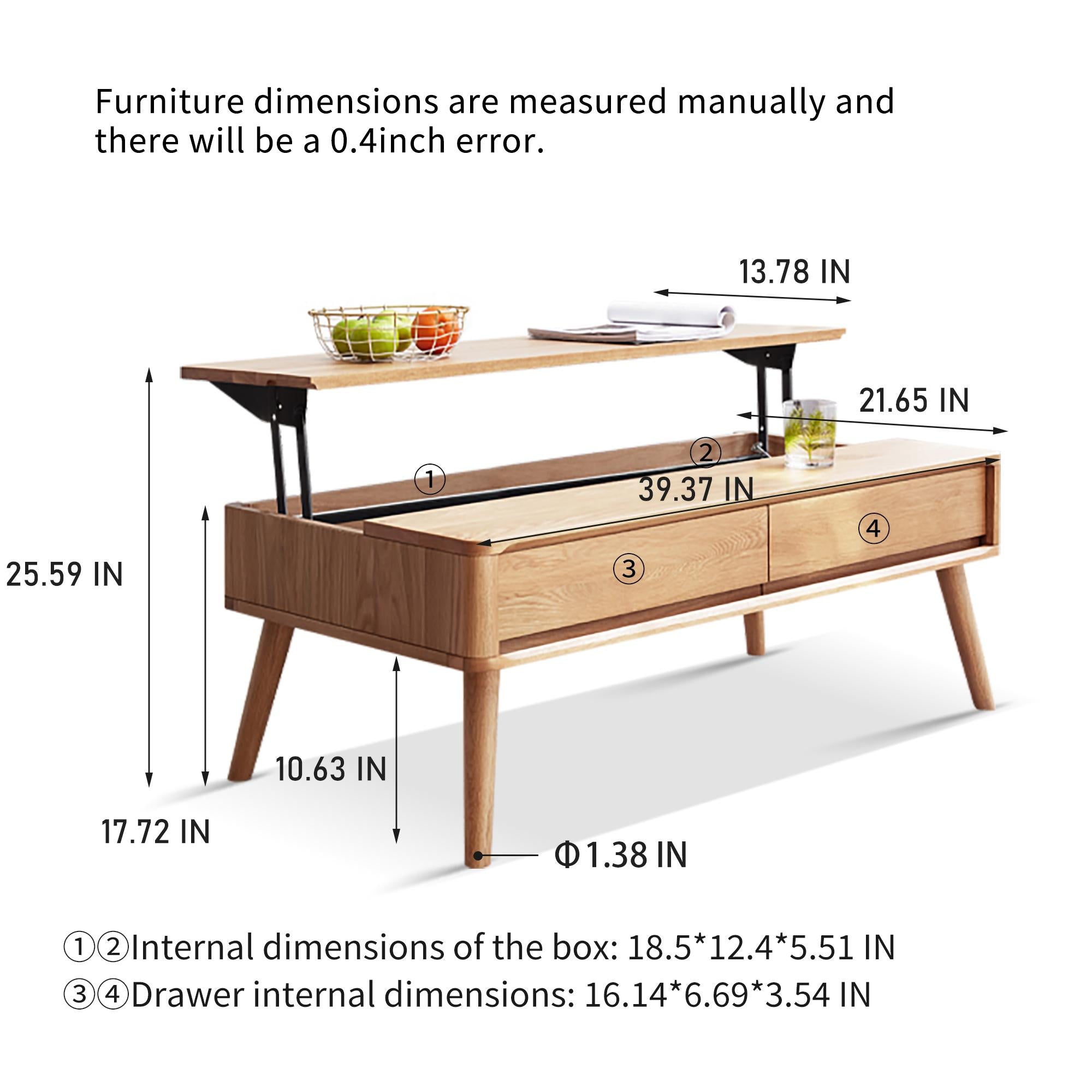 Versatile Lift-Top Coffee Table with Hidden 3-Compartment Storage, Practical Center Table with Elevating Work Surface, 39.5″ L x 23.5″ W x 17.5″ H, Natural Wood
