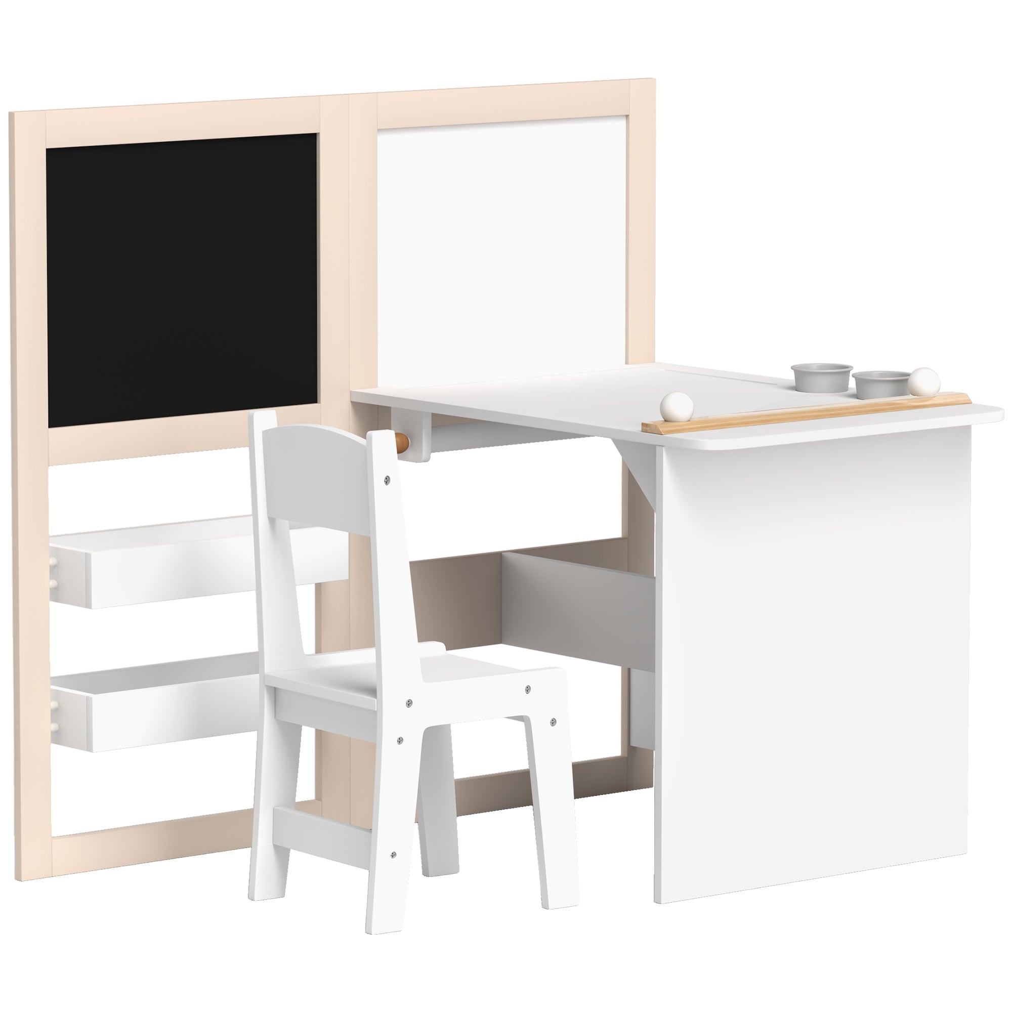 3 in 1 Kids Table and Chair Set with Storage, Whiteboard, Blackboard & Roll Paper for 3-8 Years, White