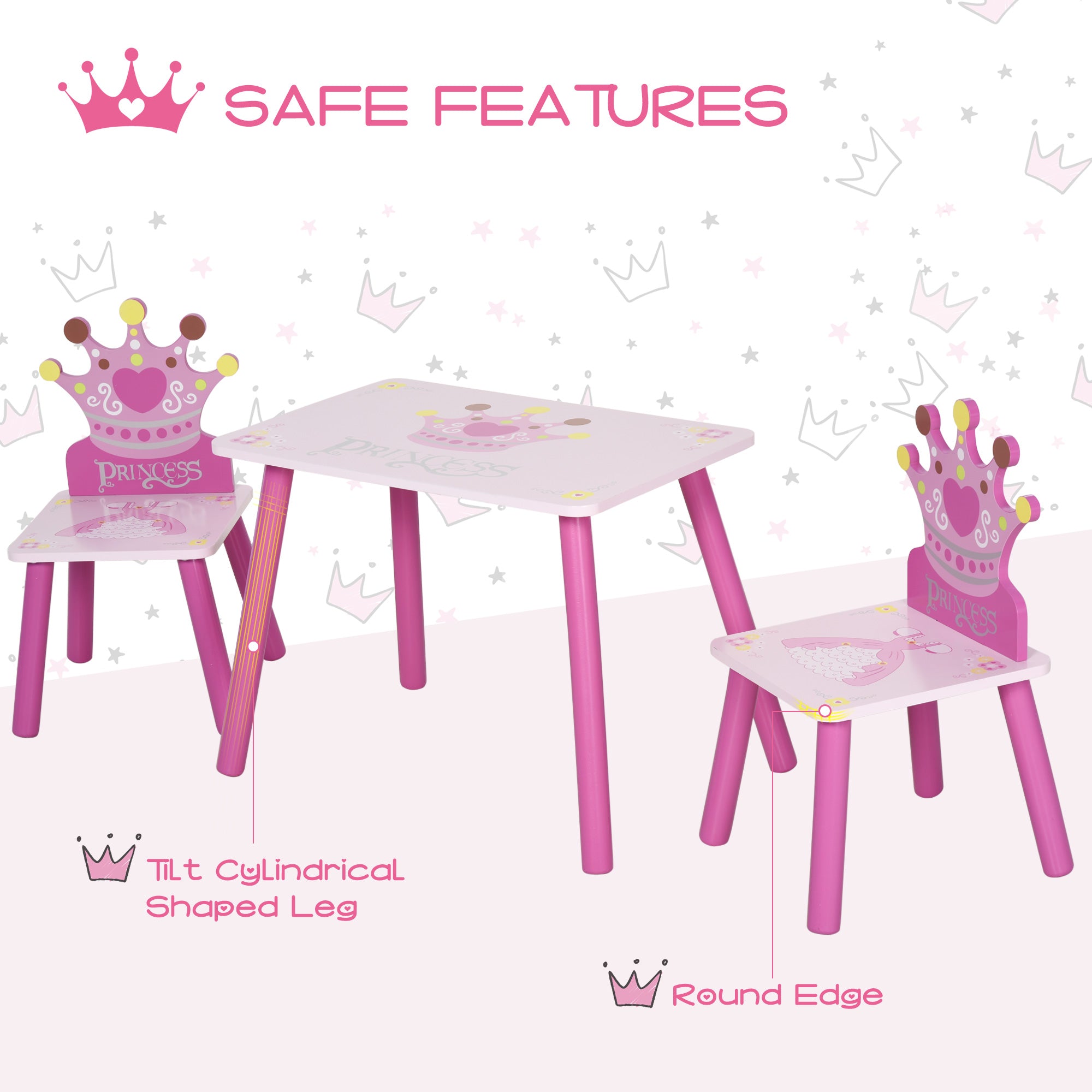 3-Piece Kids Wooden Table and Chair Set with Crown Pattern Gift for Girls Toddlers Arts Reading Writing Age 2-4 Years Pink