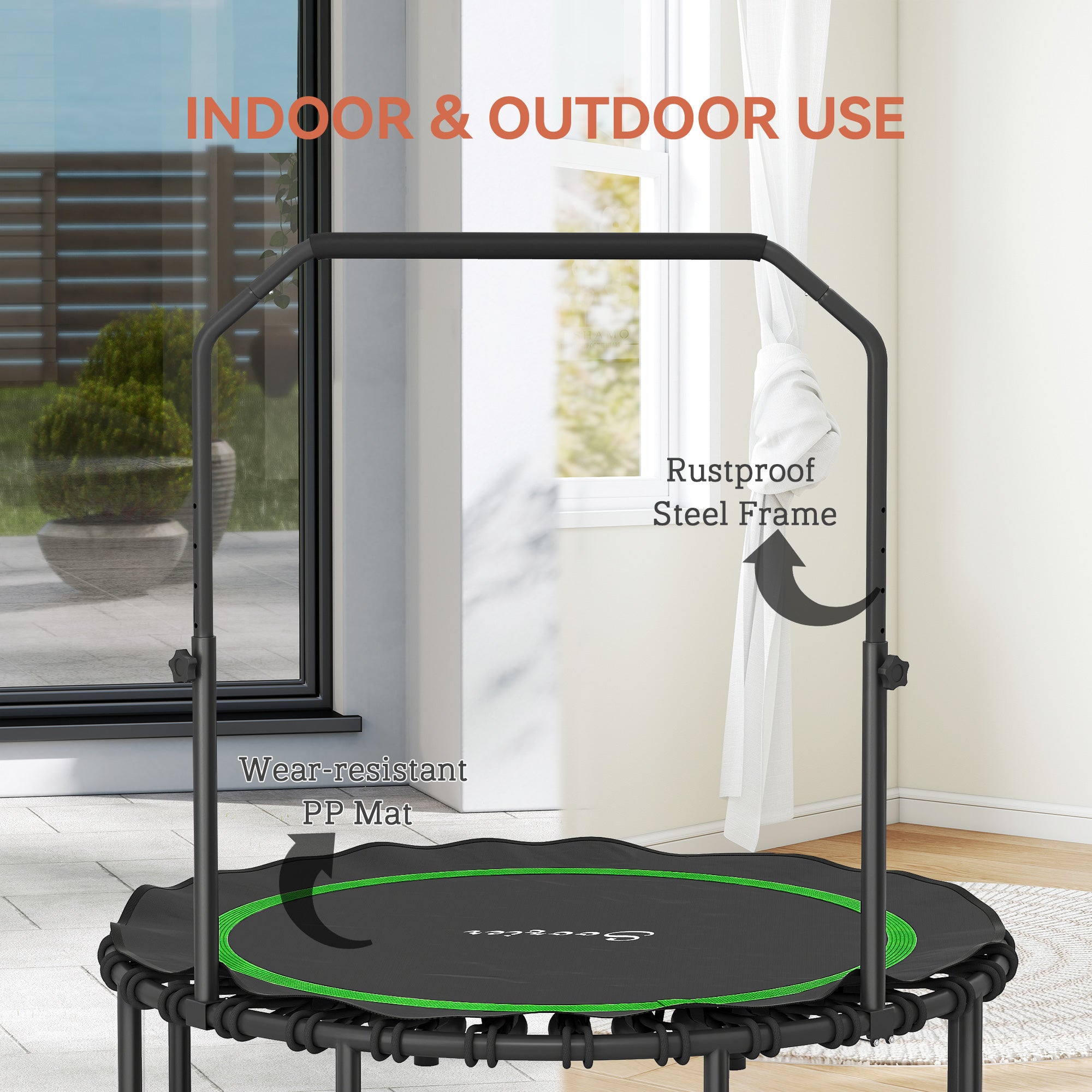 48" Rebounder Trampoline for Adults, Foldable Mini Trampoline with Adjustable Handle Bar for Indoor Outdoor, Green
