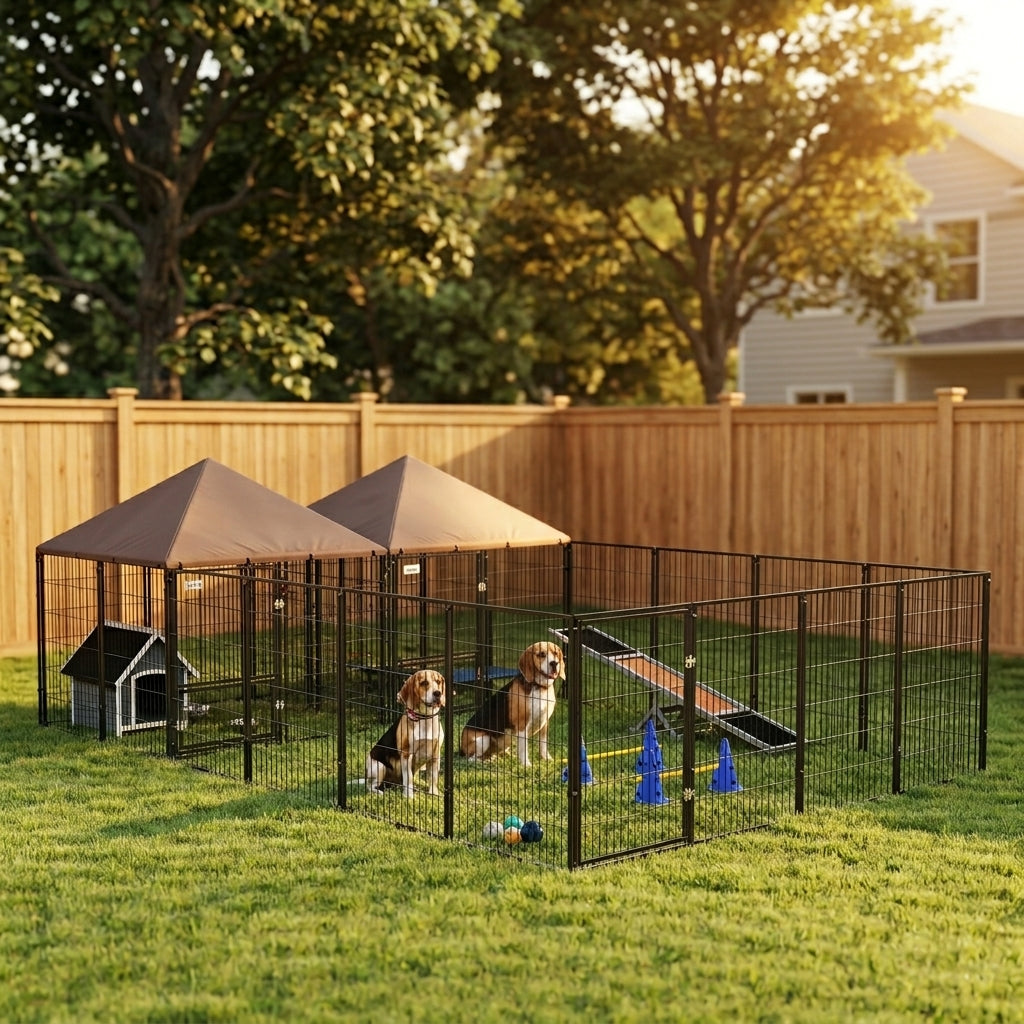 Large Outdoor Dog Kennel with 2 Rooms, Rotating & Adjustable Height Bowls, 13.5' x 9.4' x 5.1'