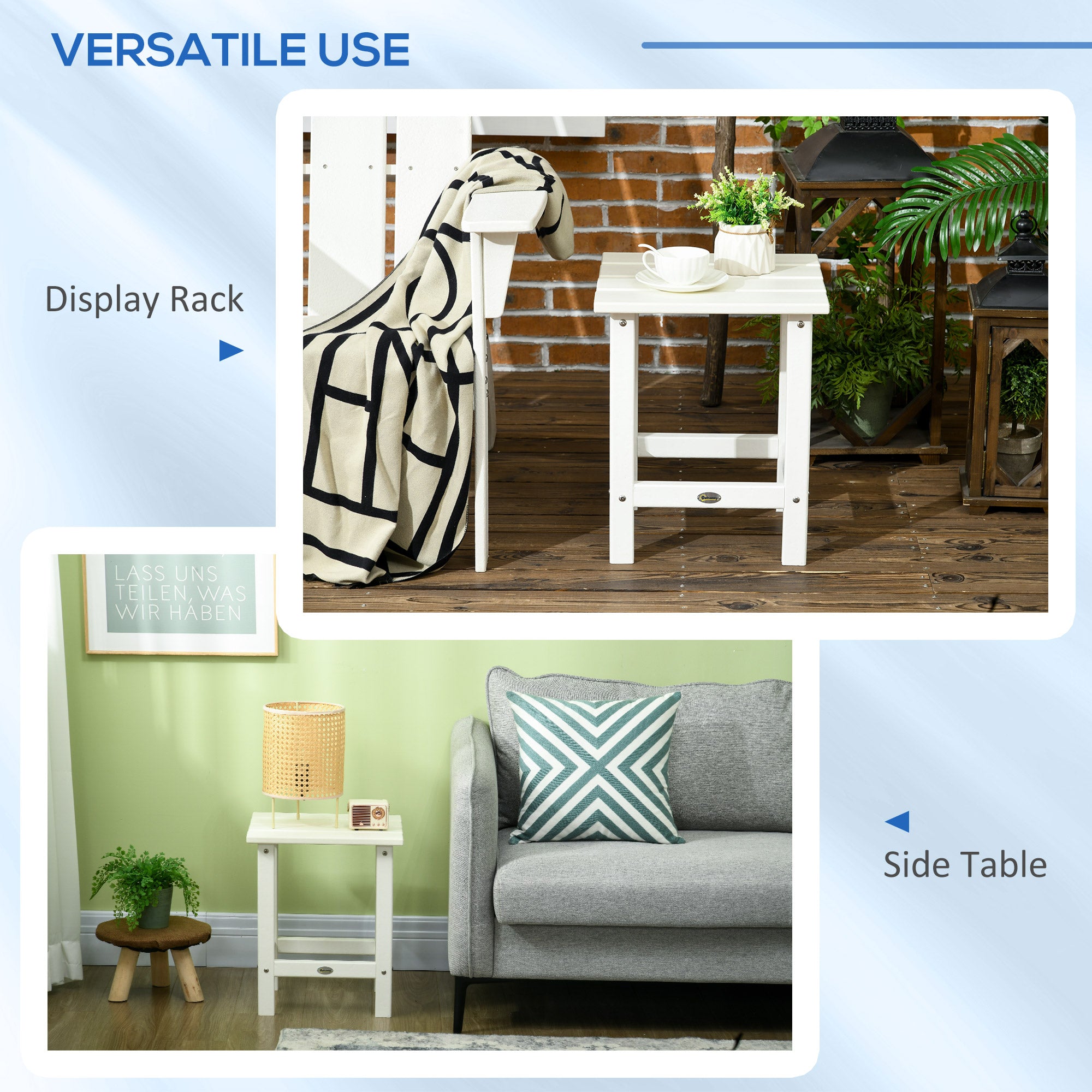 Adirondack Side Table, Square Patio End Table, Weather Resistant 15" Outdoor HDPE Table for Porch, Pool, Balcony, White