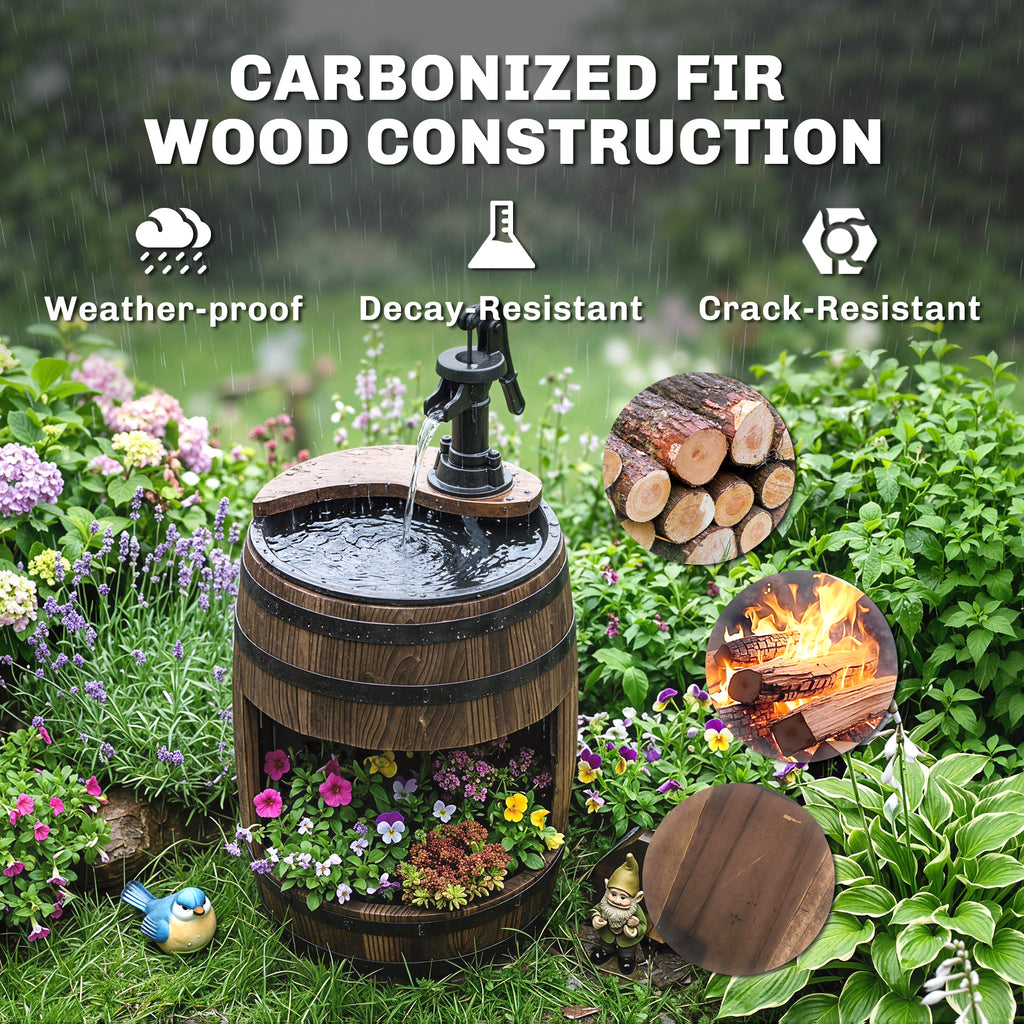 23" H Outdoor Water Fountain Wood and Plastic Rustic Apple Barrel Pump Garden Decor for Outside Backyard