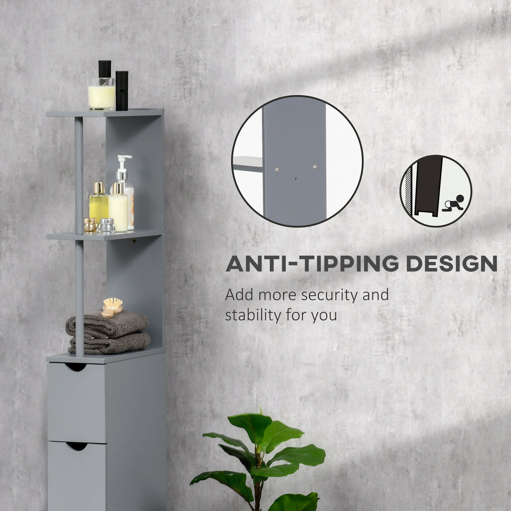 54" Tall Bathroom Storage Cabinet, Freestanding Linen Tower with 2-Tier Shelf and Drawers, Narrow Side Floor Organizer, Grey