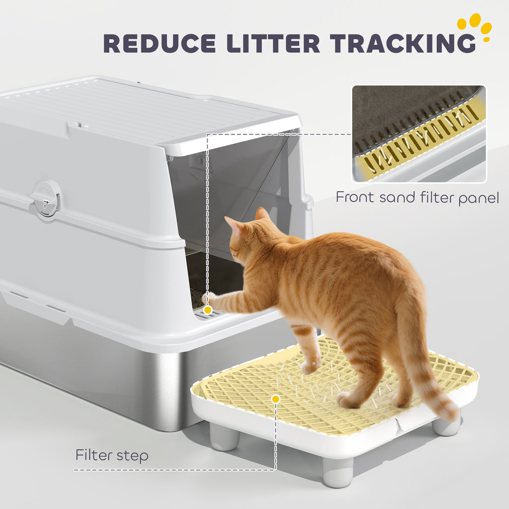 Extra Large Stainless Steel Cat Litter Box for Big Cats with Flip Cover, High-Sided Enclosure & Scoop