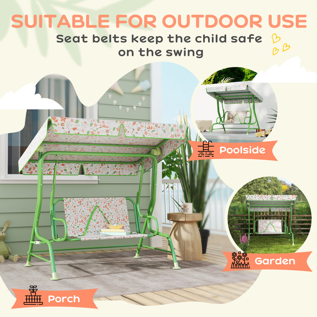 Kids Patio Swing Chair with Adjustable Canopy, Safety Belt for Patio, Garden, Poolside, Balcony, Green