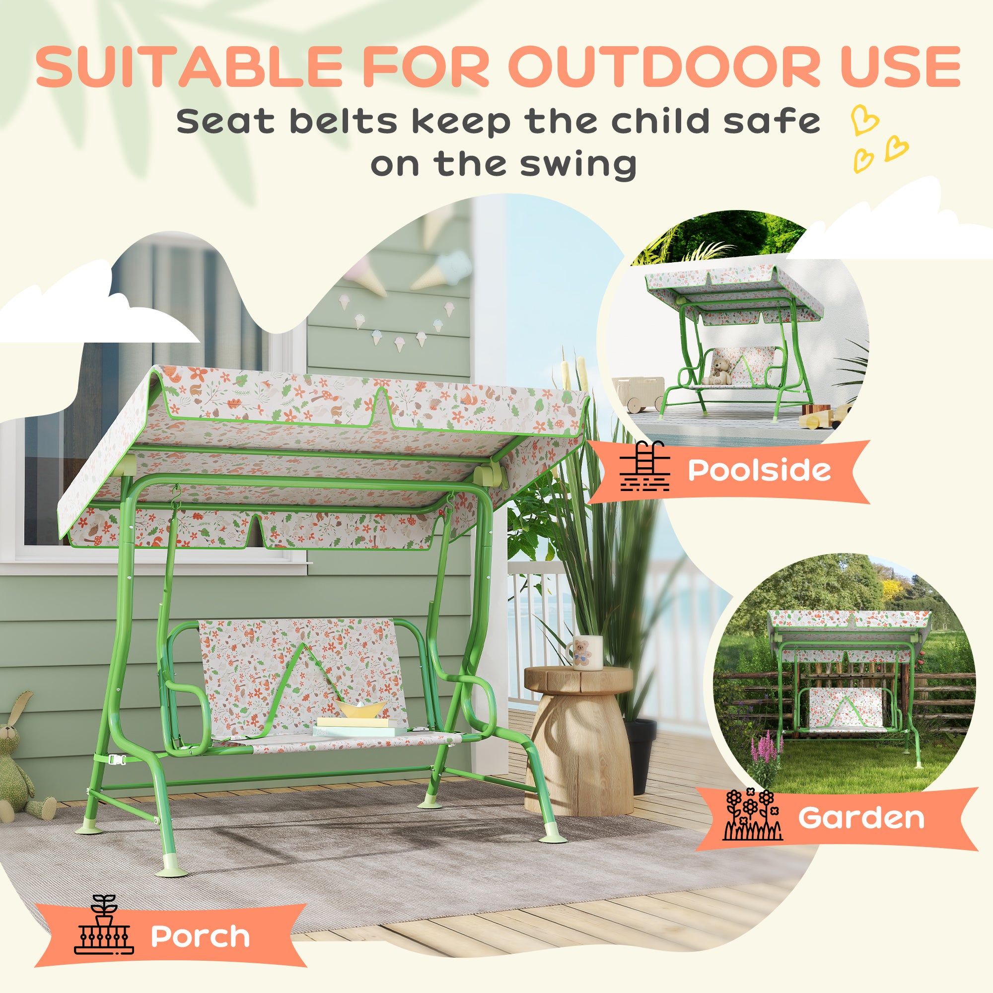 Kids Patio Swing Chair with Adjustable Canopy, Safety Belt for Patio, Garden, Poolside, Balcony, Green