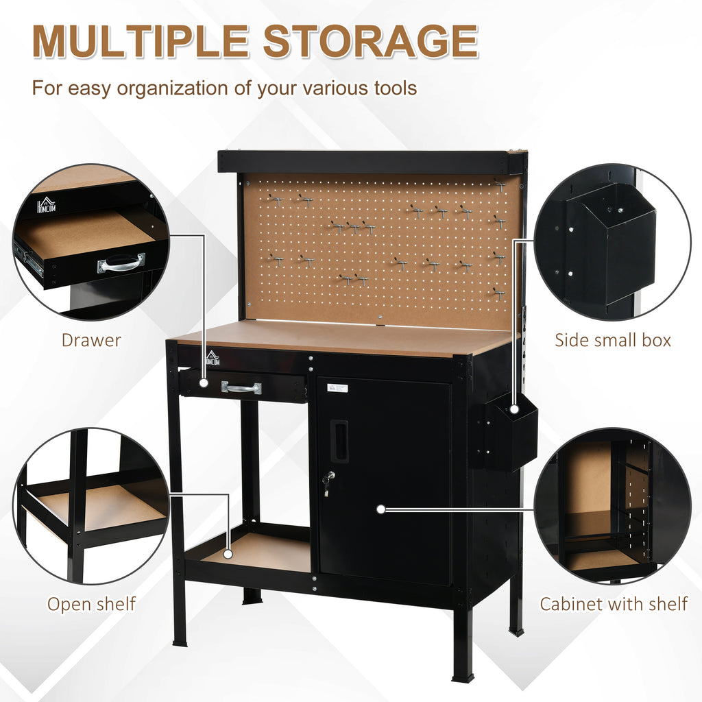 Multipurpose Workbench, Workshop Tool Table with Slide Drawer, Peg Board, Storage Cabinet with Keys