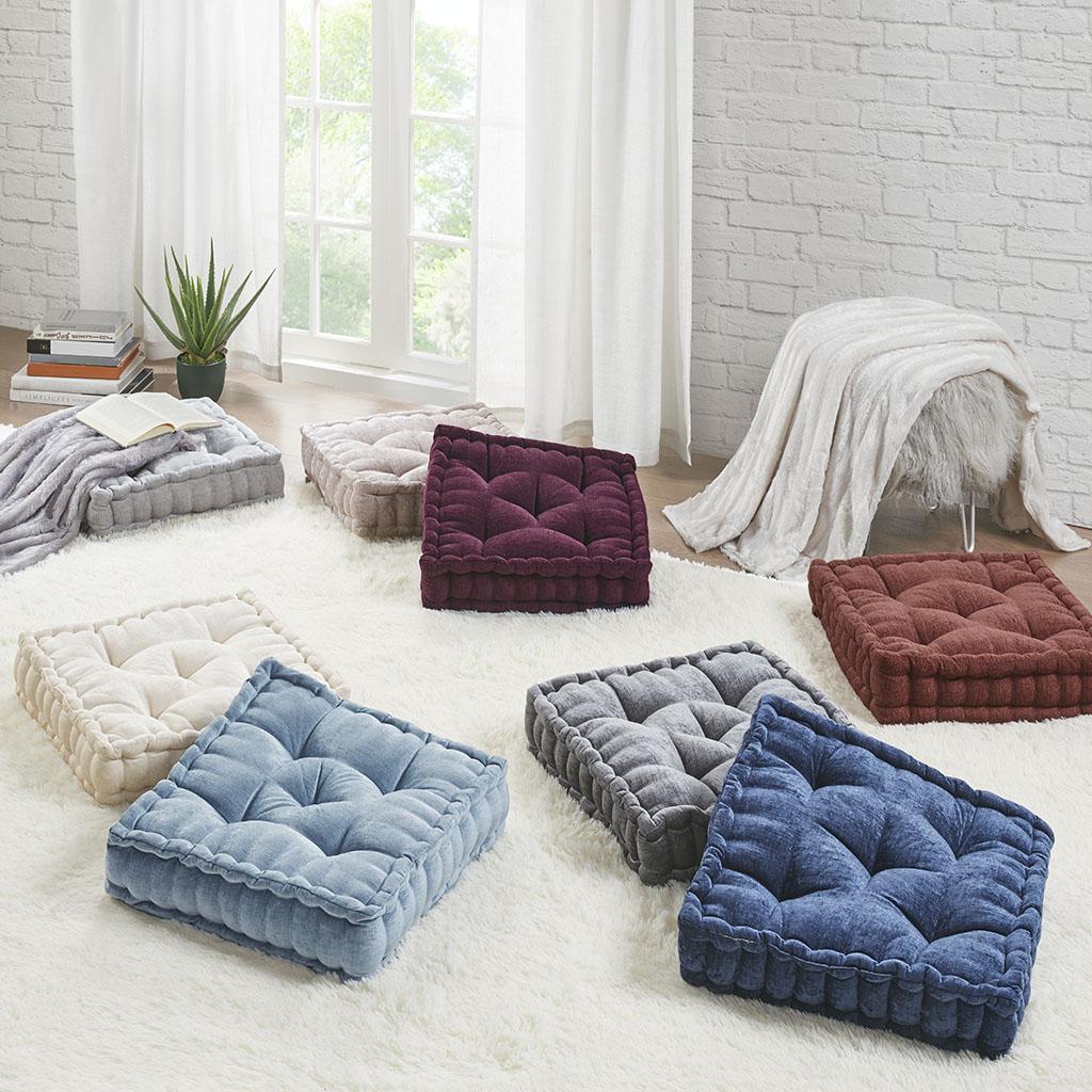 Textured Chenille Square Floor Pillow Cushion with Tufted Detailing, 100% Hypoallergenic Polyester, Scalloped Edge, 20" L x 20" W x 5" H, Ivory