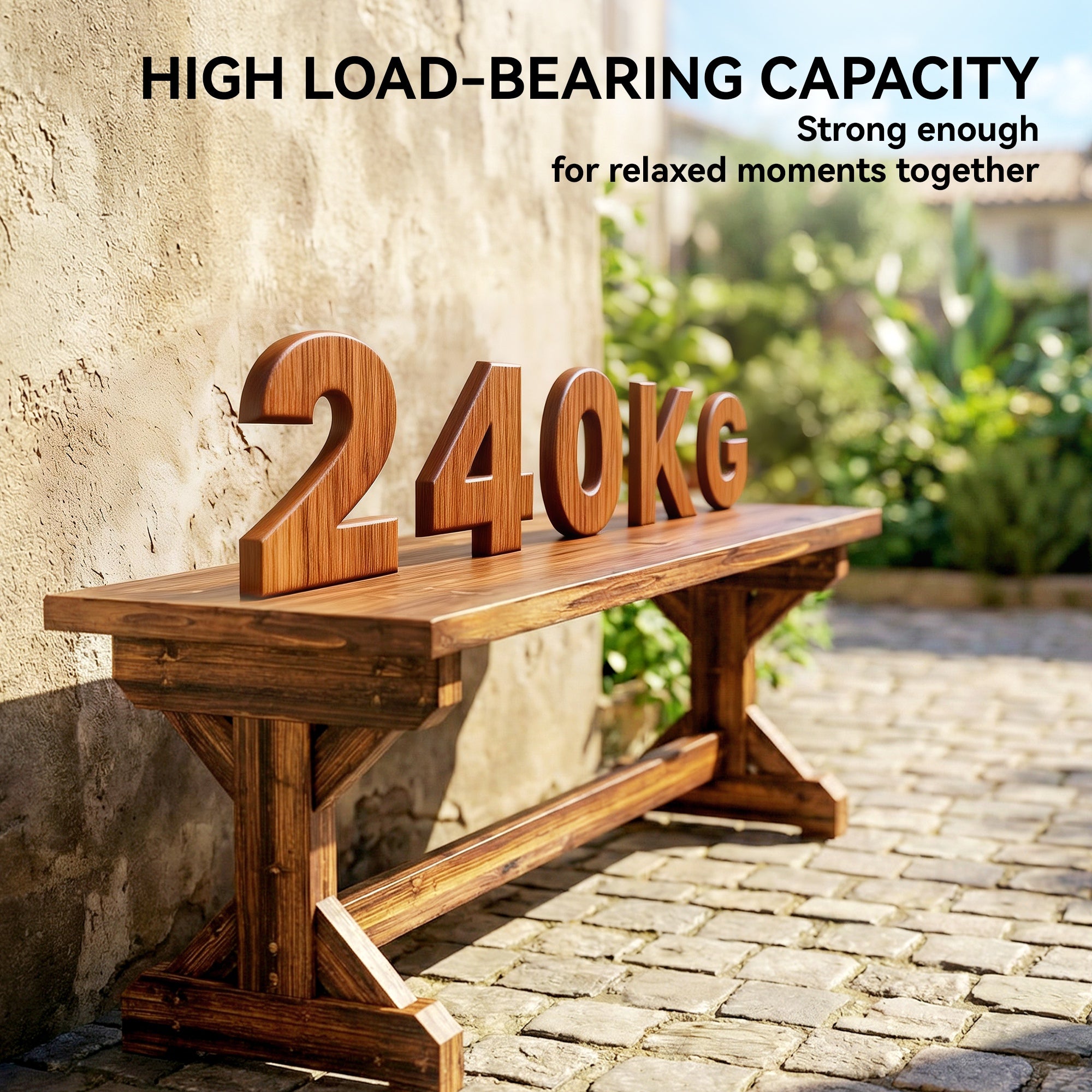 Rustic Outdoor Wooden Bench, Backless Garden Bench Patio Loveseat with X-Shape Base for Porch, Park, Carbonized