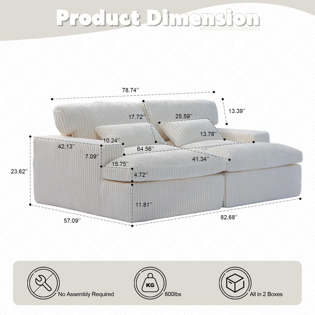 Deep Seat Sofa Double Chaise Lounge Chair with Corduroy Fabric, Compressed Sofa Sectional Loveseat for Apartments, 82.5'' L x 57'' W x 23.5'' H, White