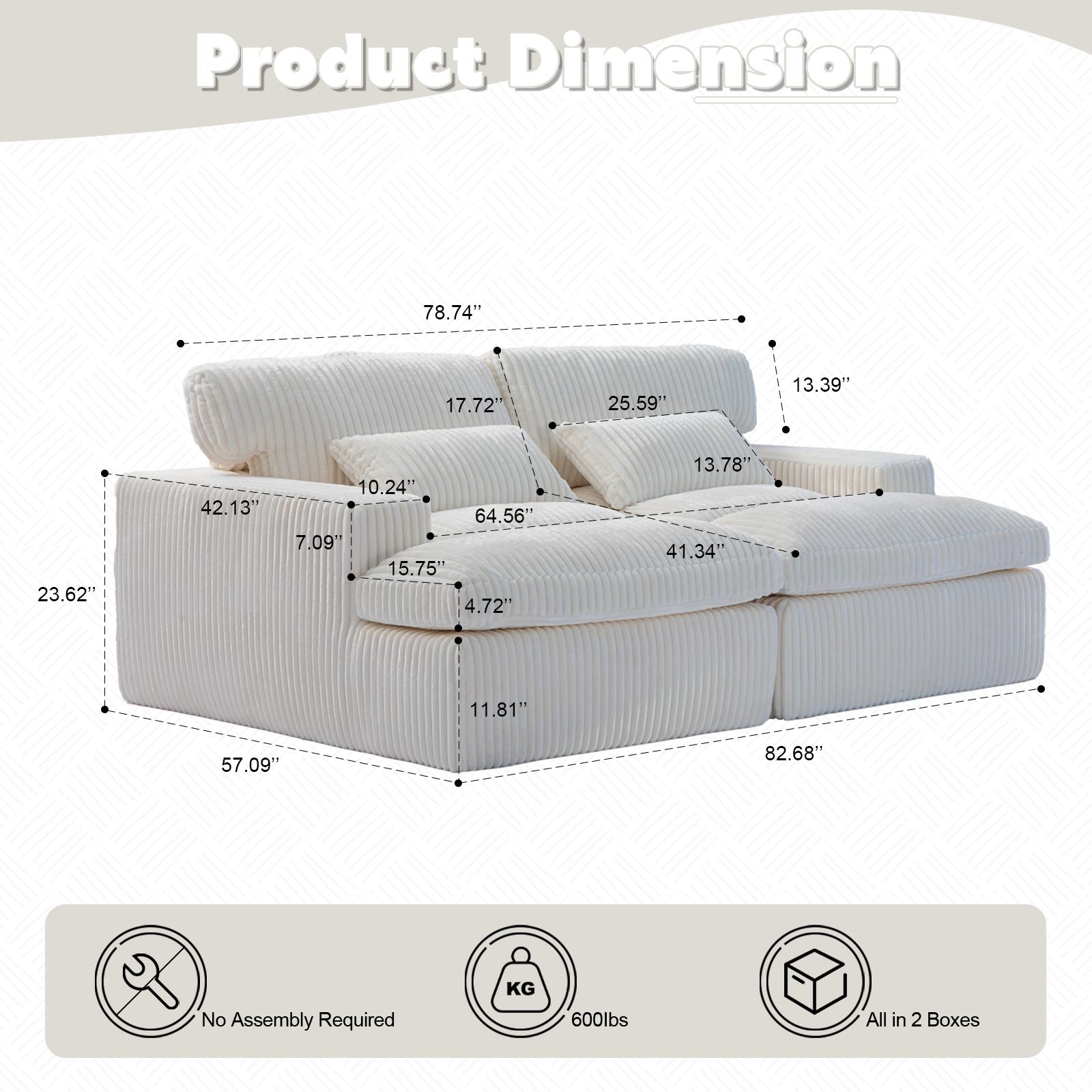 Deep Seat Sofa Double Chaise Lounge Chair with Corduroy Fabric, Compressed Sofa Sectional Loveseat for Apartments, 82.5'' L x 57'' W x 23.5'' H, White