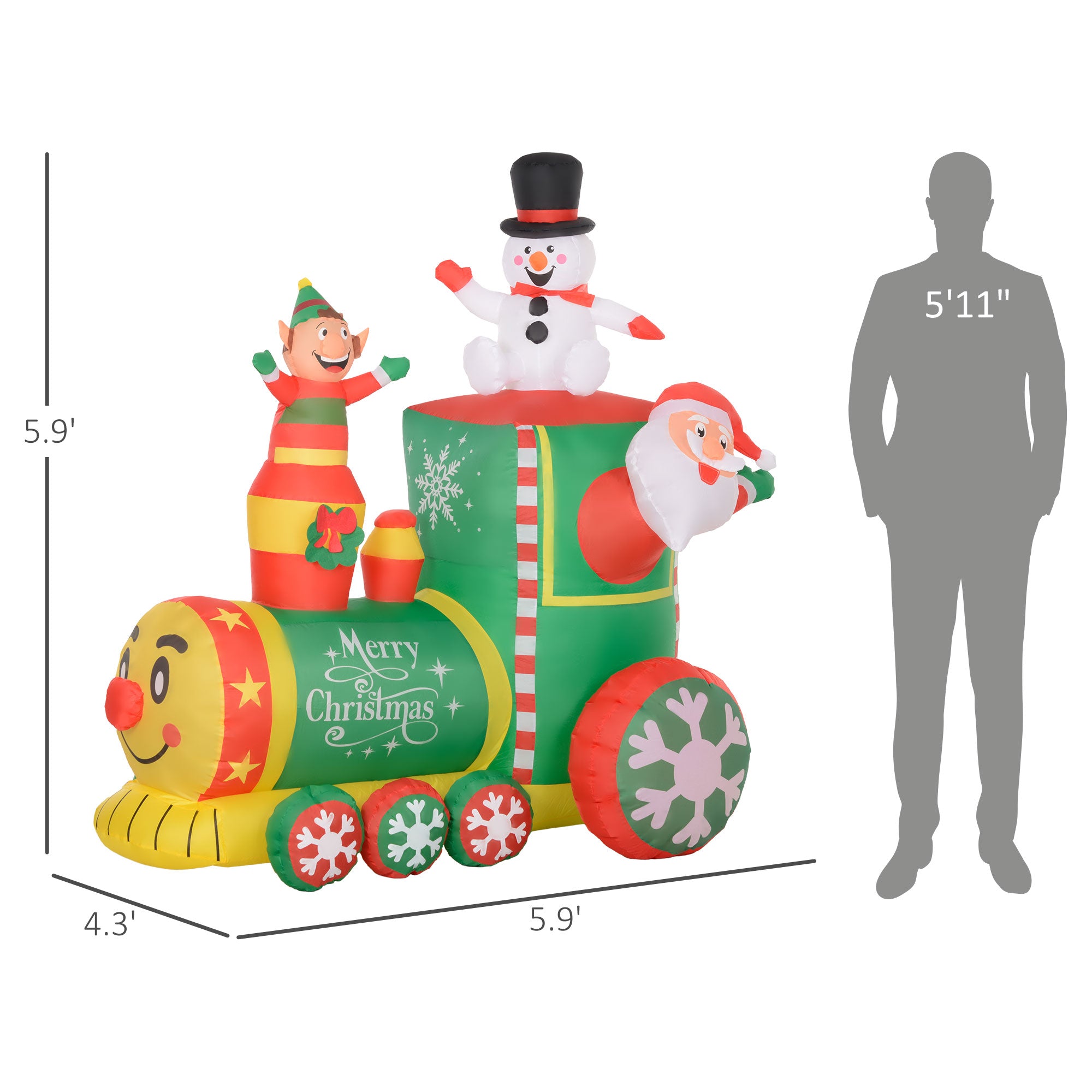 6FT Inflatable Train with Santa Claus, Snowman, Blow-Up Outdoor Display w/ White LED Lights for Party