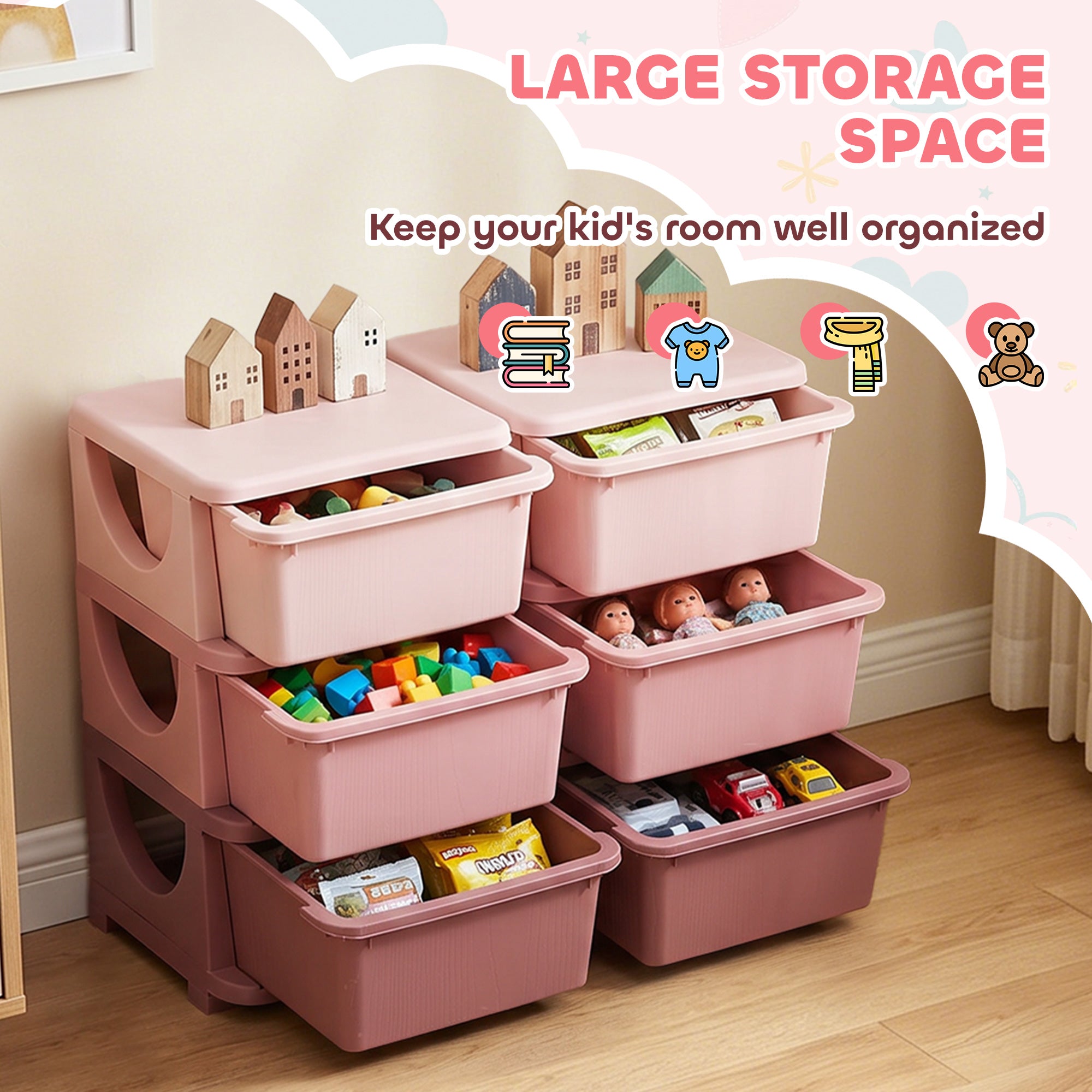 3 Tier Kids Storage Organizer with 6 Drawers for Bedroom, Nursery, Kindergarten, Living Room, Boys and Girls, Pink