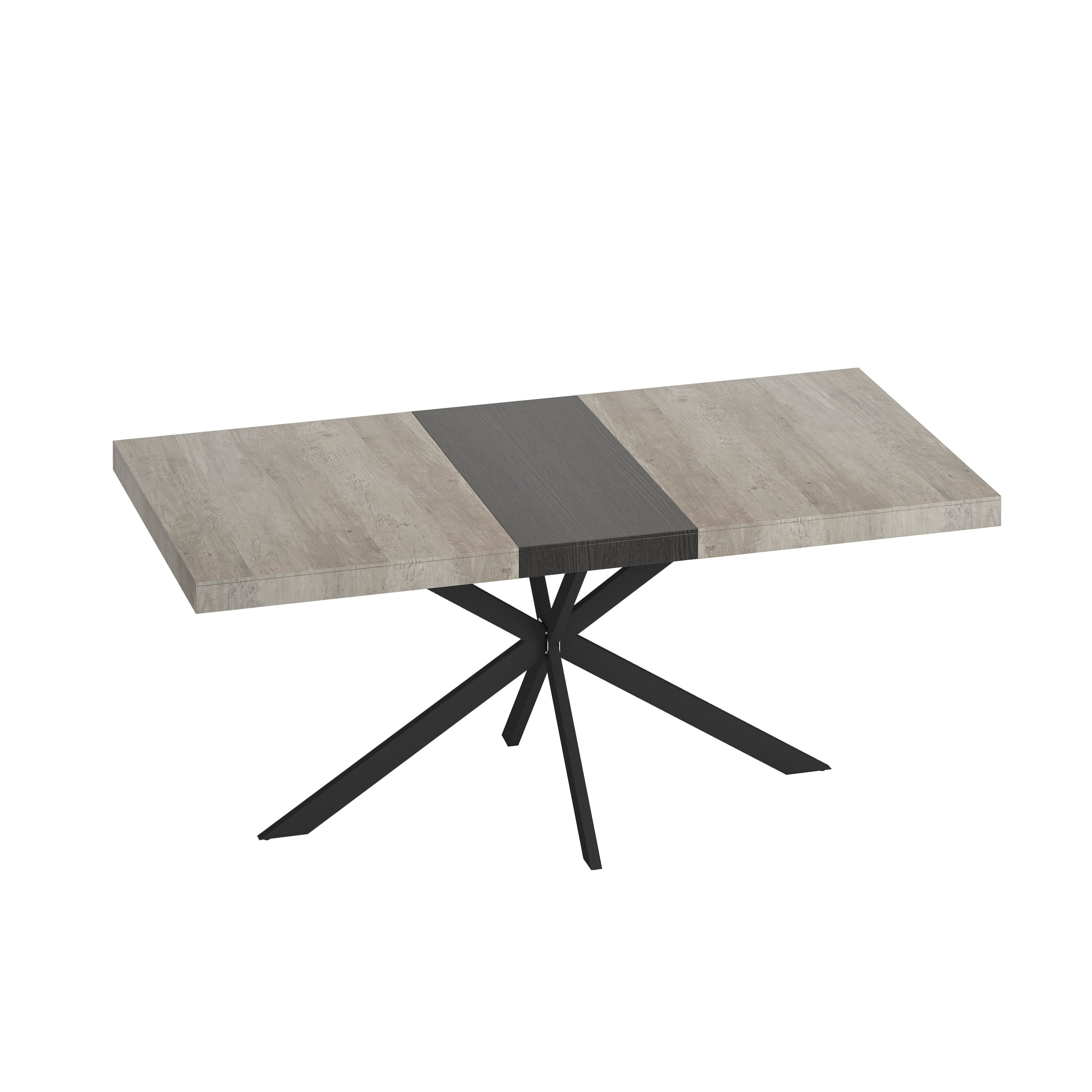 Retro Rectangular Stretch Dining Table with Storage Box, Gray Carole Top, Black Embossed Center Plate, Iron Cross Foot Base, 55.11"-70.86", Gray