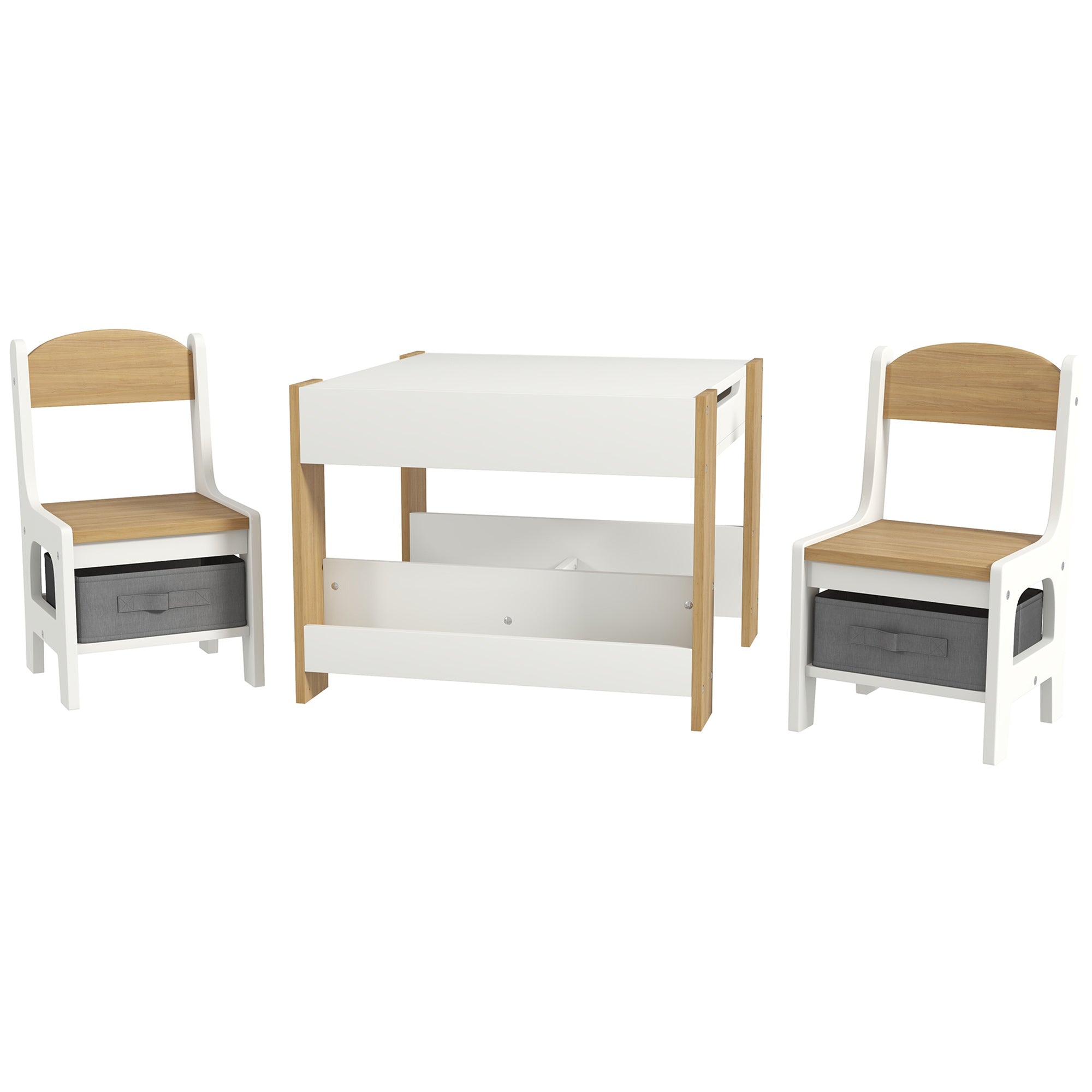 3pc Kids Table and Chair Set with Reversible Tabletop Blackboard, Storage & Bookshelves, Natural