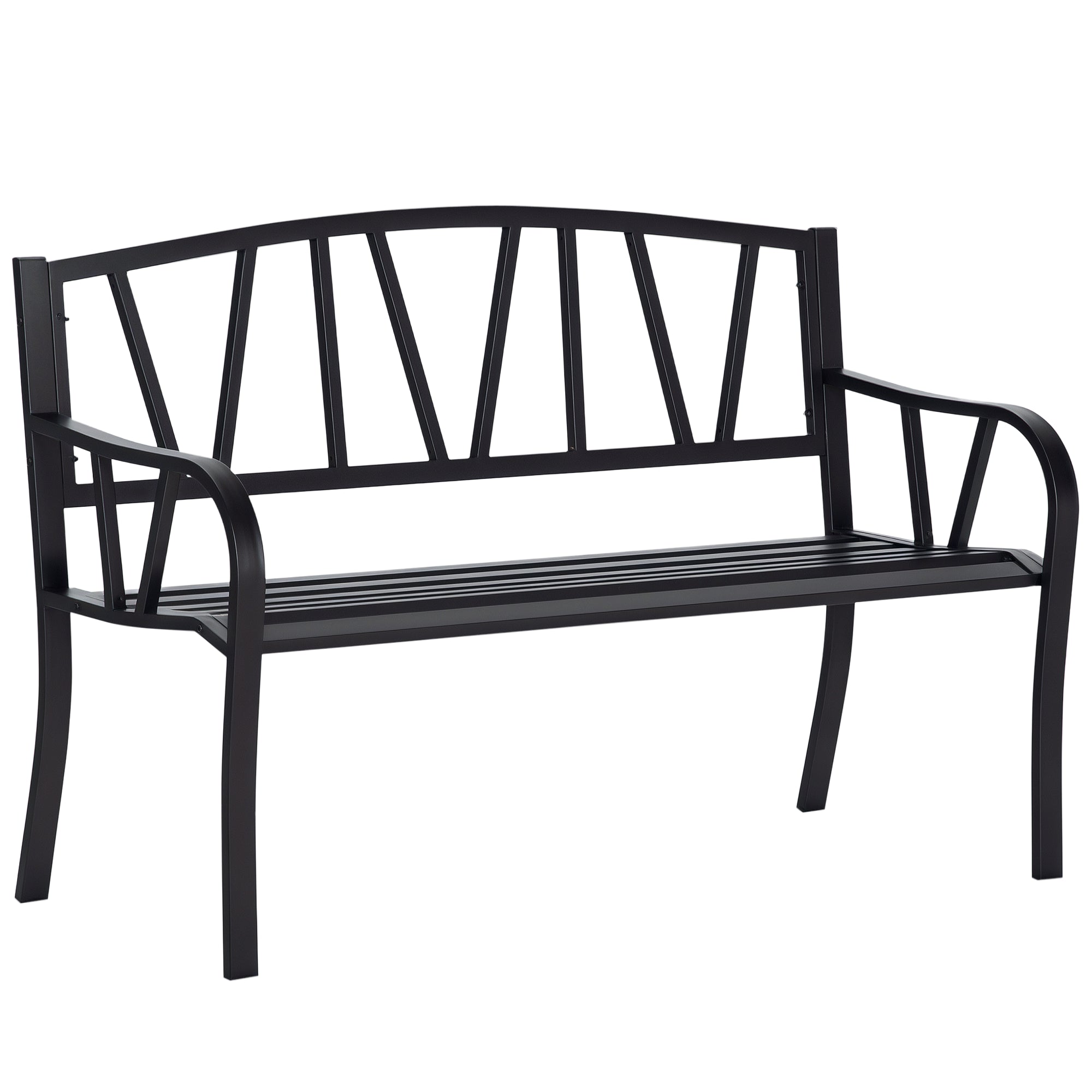 50" Outdoor Bench, Metal Garden Bench with V-Shaped Pattern Backrest, Porch Bench with Slatted Seat for Park, Yard, Lawn, Black