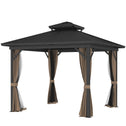 10' x 10' Hardtop Gazebo with Aluminum Frame, Metal Roof Gazebo Canopy w/ Hook, Curtains included, Dark Brown