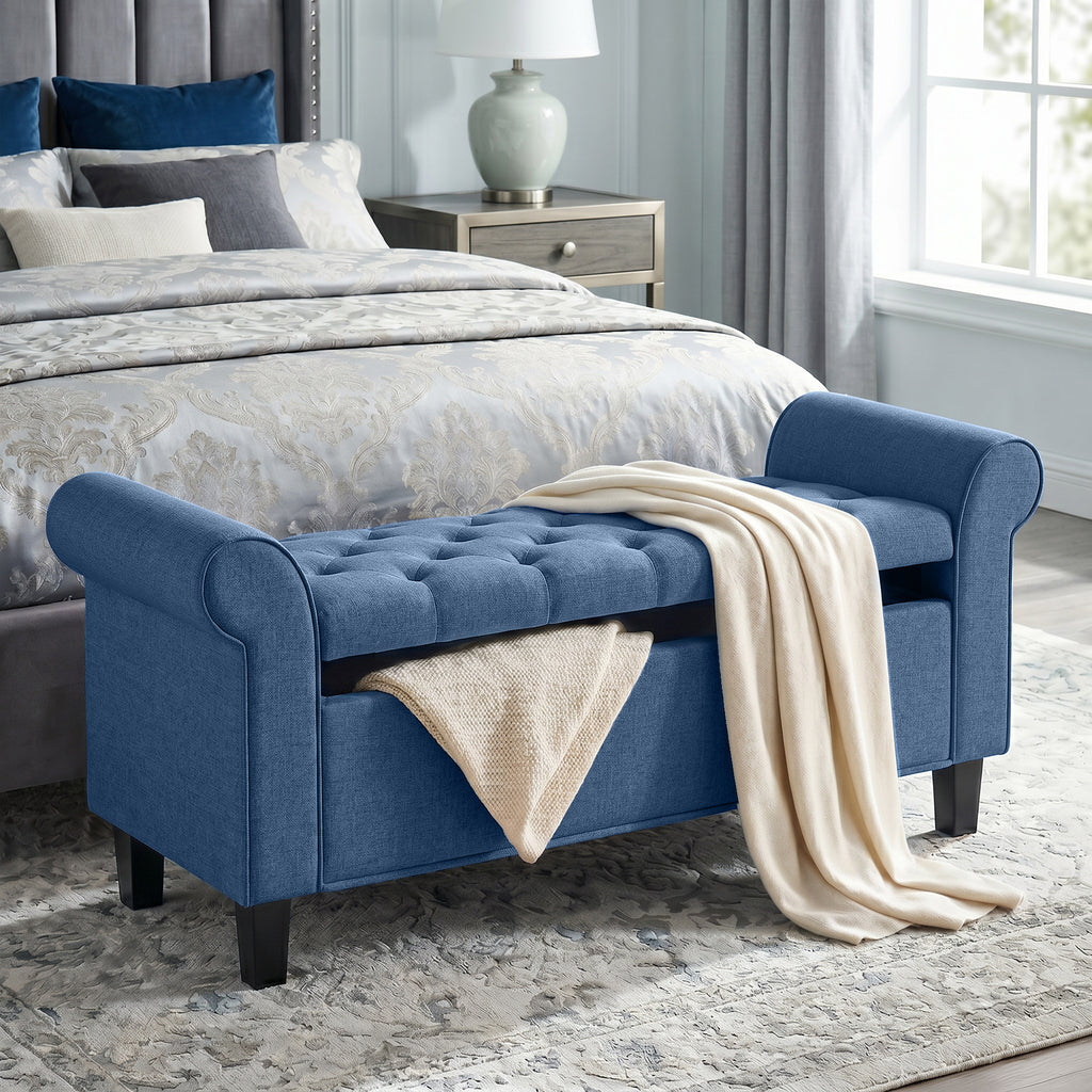 47" Storage Ottoman Bench, Tufted End of Bed Bench with Rolled Arms, Safety Hinge, Wood Legs for Bedroom, Blue