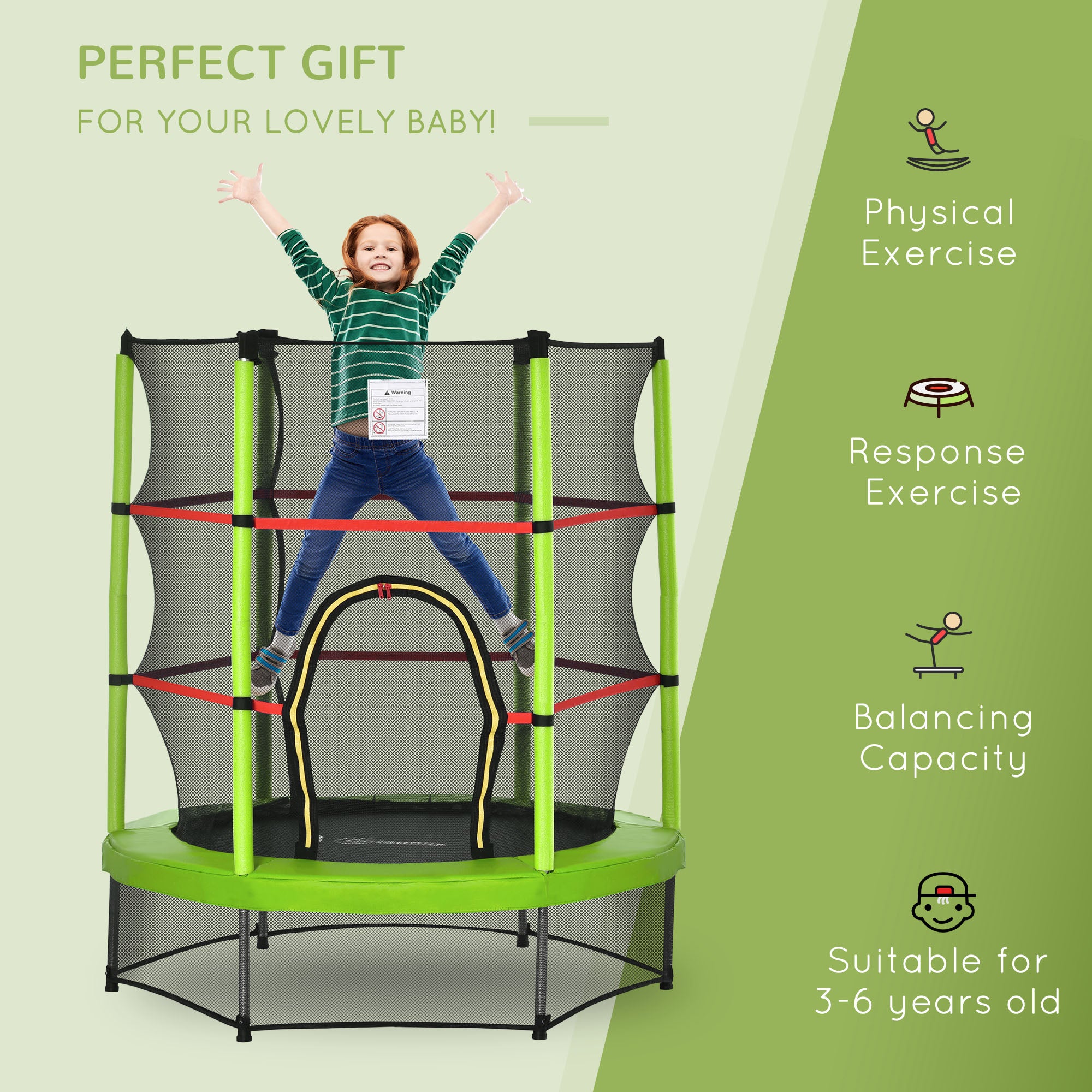 Φ5FT Kids Trampoline with Enclosure Net for Age 3 to 6 Years Green