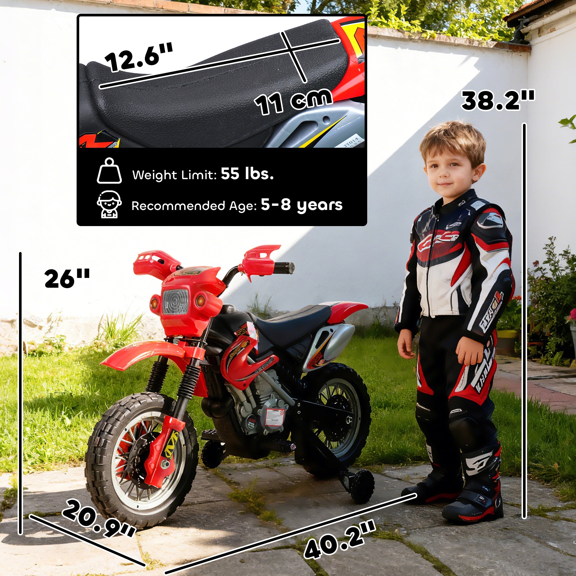 6V Kids Motorcycle, Electric Motorcycle with Dirt Bike Style, Street Bike Design Battery Powered Ride On Toy with Training Wheels, Headlight, Music, Ages 5-8, Red