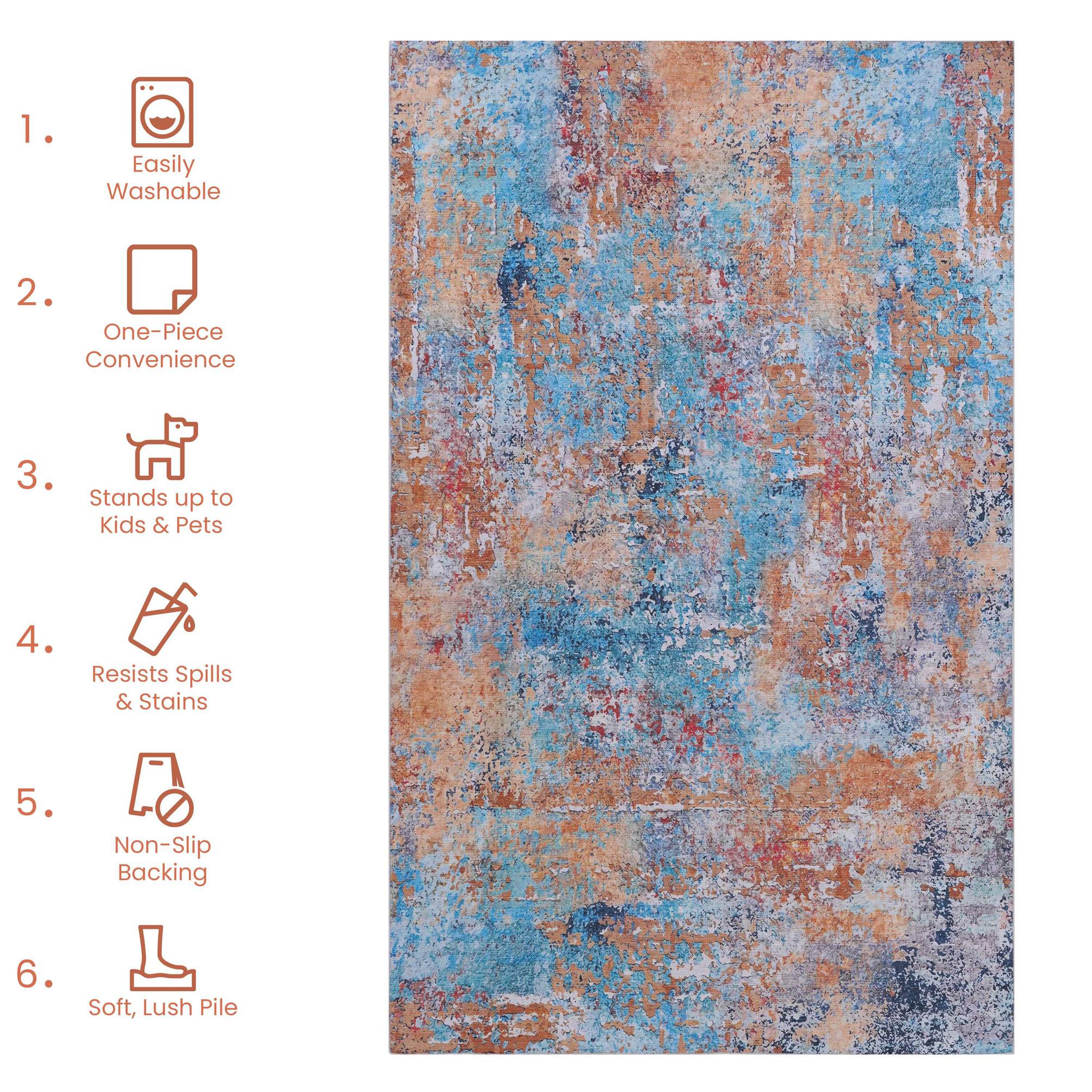 6x9 Machine Washable Non-Shedding Area Rug with Low-Pile, Carpet for Living Room, Dining Room, 72" L x 108" W x 0.15" H, Multicolor