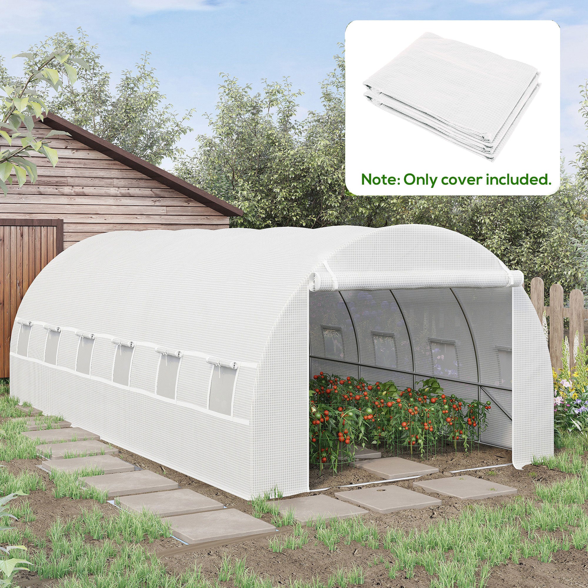 19.7' x 9.8' x 6.6' Plastic Greenhouse Cover Replacement, Heavy Duty Waterproof Tarp for Hoop House, Sheeting with 12 Windows, Door & Reinforcement Grid, White