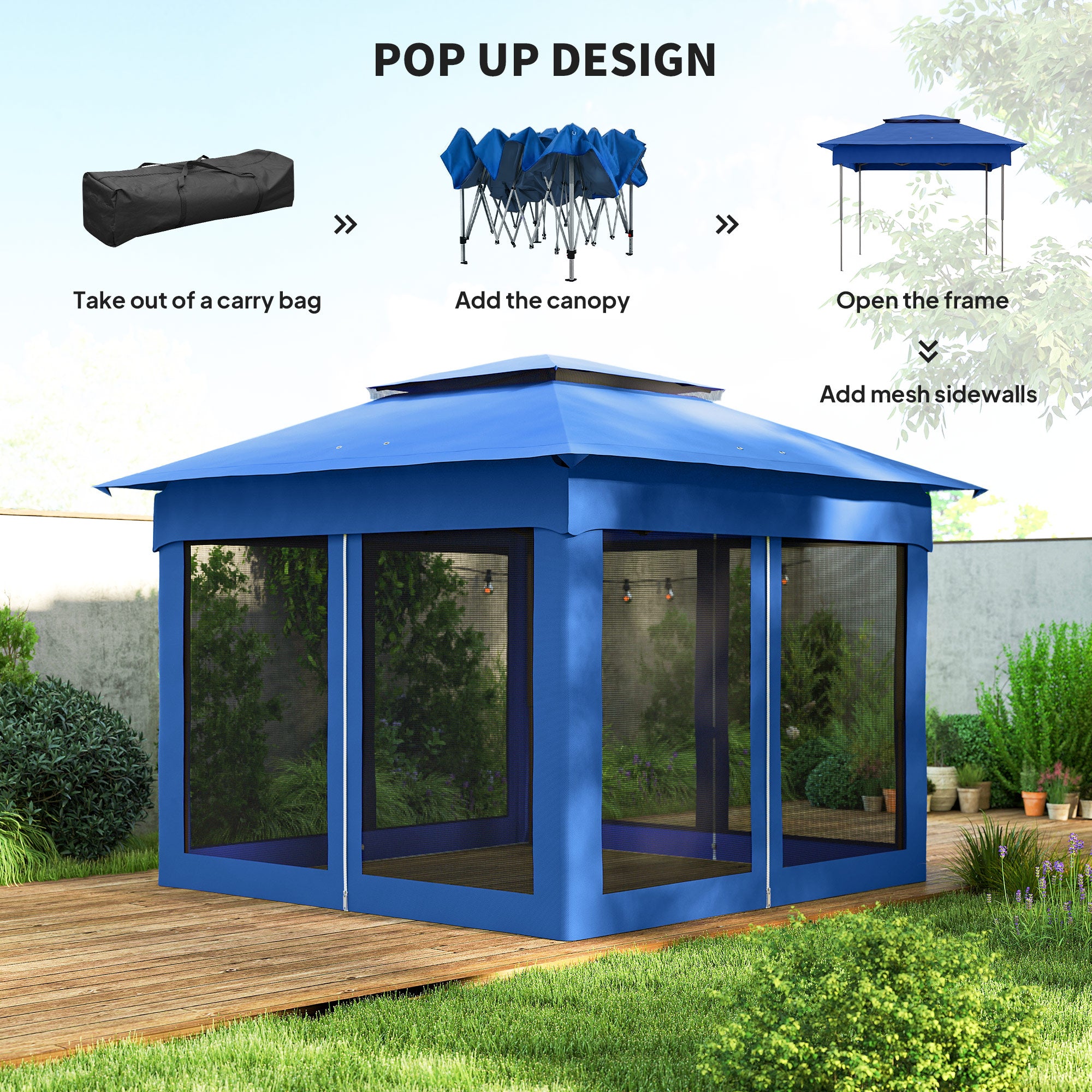 Outdoor Patio Pop Up Canopy Gazebo Shelter with Zipper Netting, Carry Bag, 11' x 11', Blue