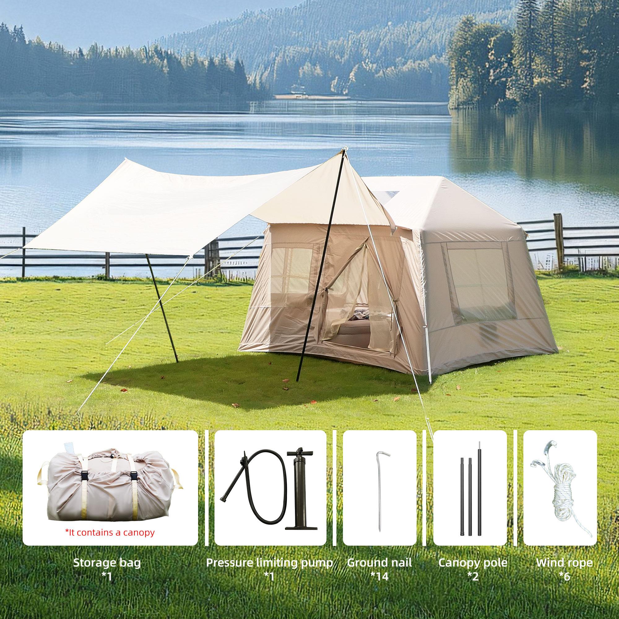 Inflatable 4-Season Camping Tent with Easy Setup, Windproof Family Tent with Skylight Top, 102.5″ L x 86.5″ W x 71″ H, Beige