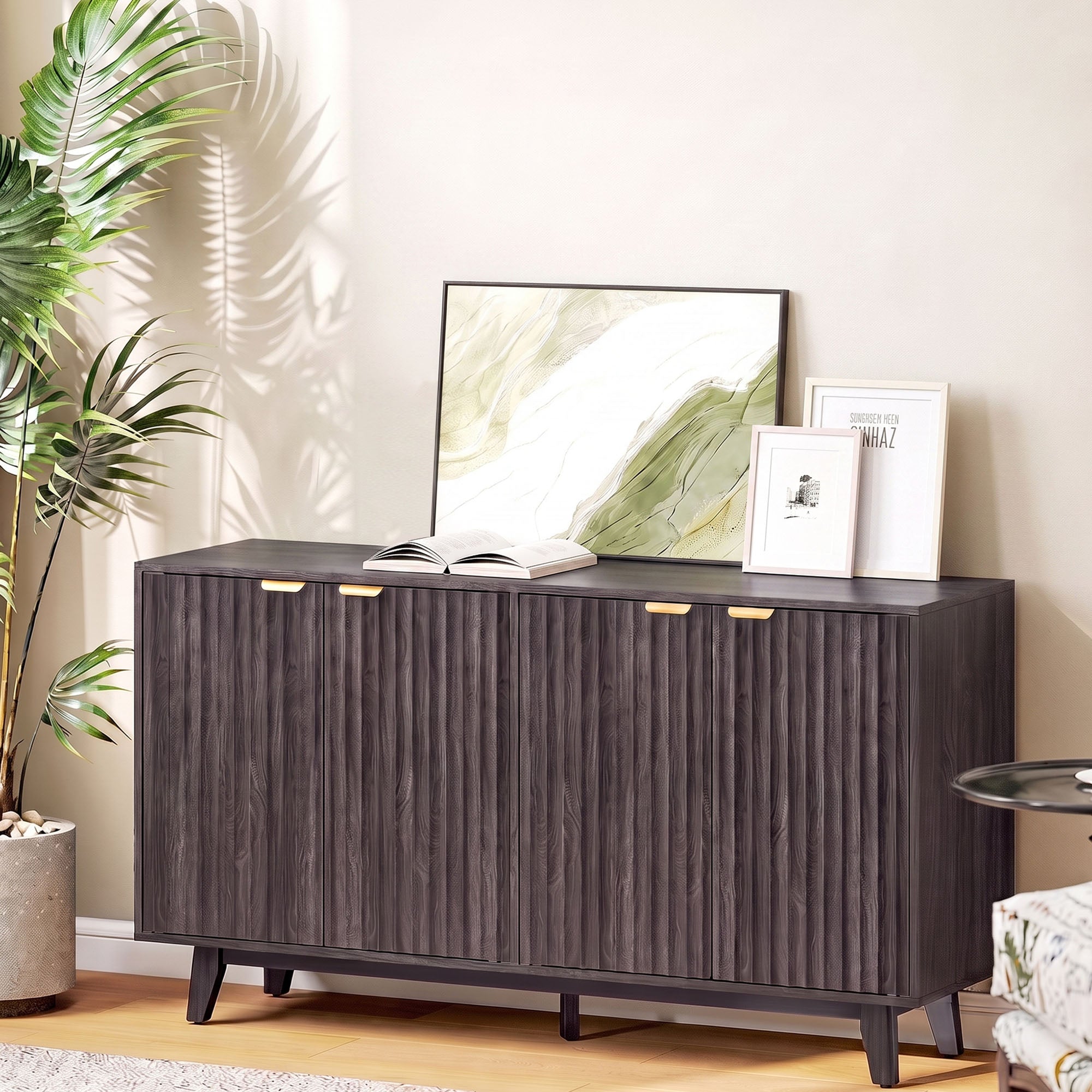 Fluted Sideboard Buffet Cabinet, 55" Coffee Bar Cabinet with 4 Doors, 2 Adjustable Shelves, 5 Wood Legs, Dark Gray