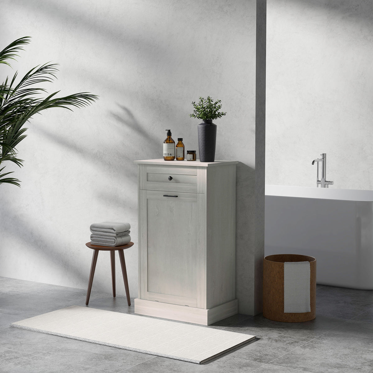 Kitchen Tilt Out Trash Bin Cabinet Free Standing Storage Cabinet with Drawer, Light Gray