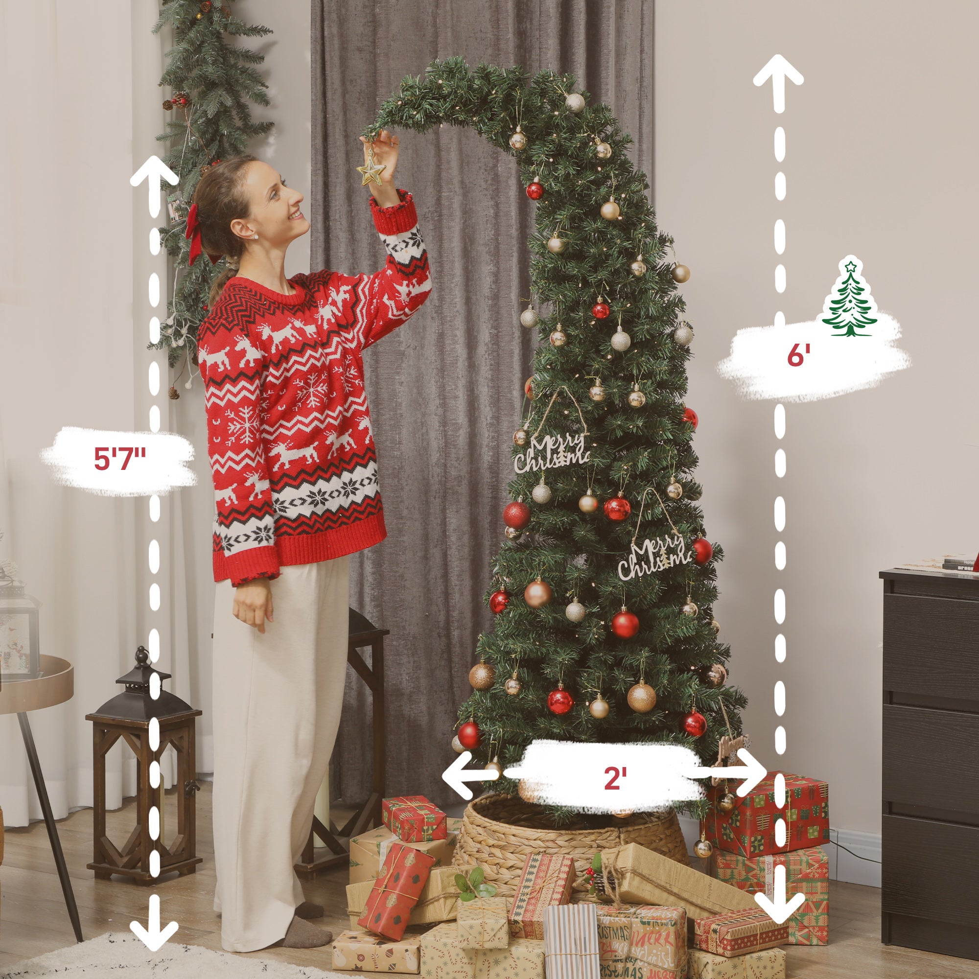 6 ft Prelit Christmas Tree, Whimsical Xmas Tree Slim High Mountain Fir with 200 LEDs and Metal Stand, Green