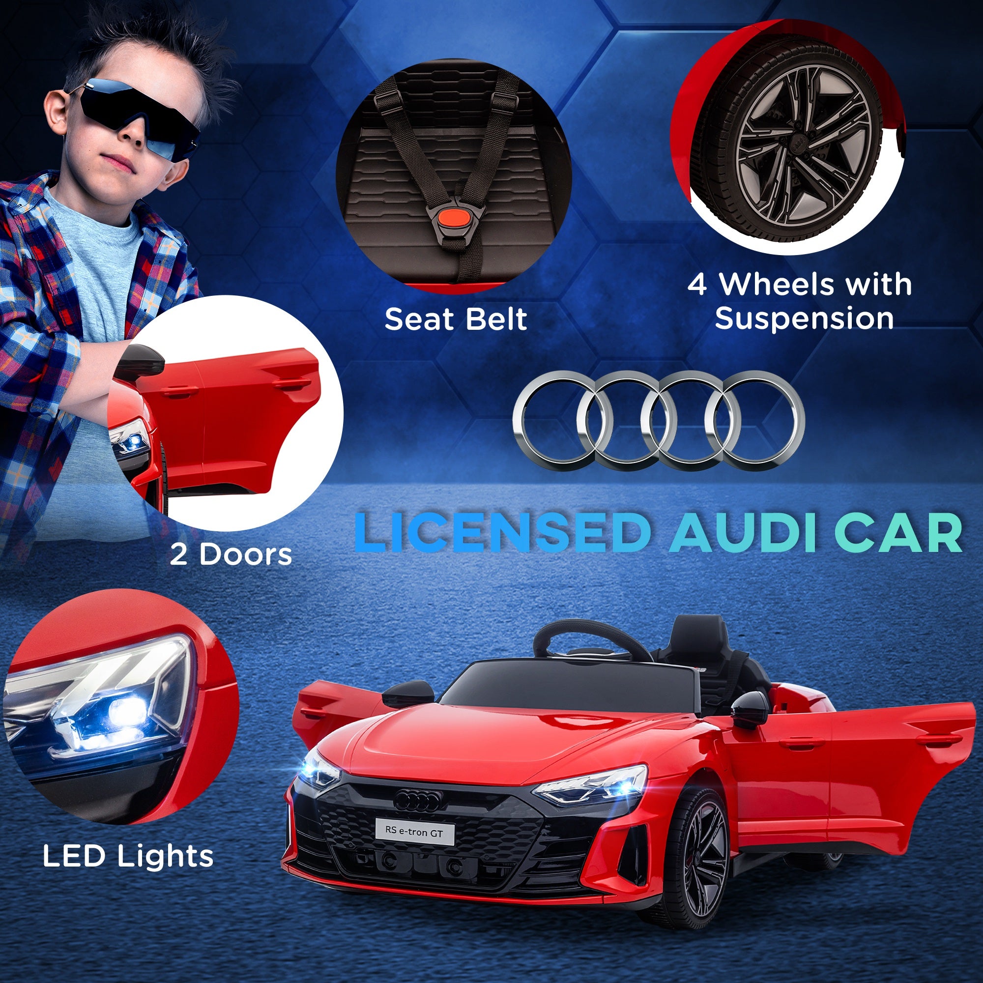 Licensed RS e-tron GT 12V Ride On Car Truck for Kids, Electric Car Ride On Vehicle w/Parent Remote Control, Music, Lights, for Toddlers, Red