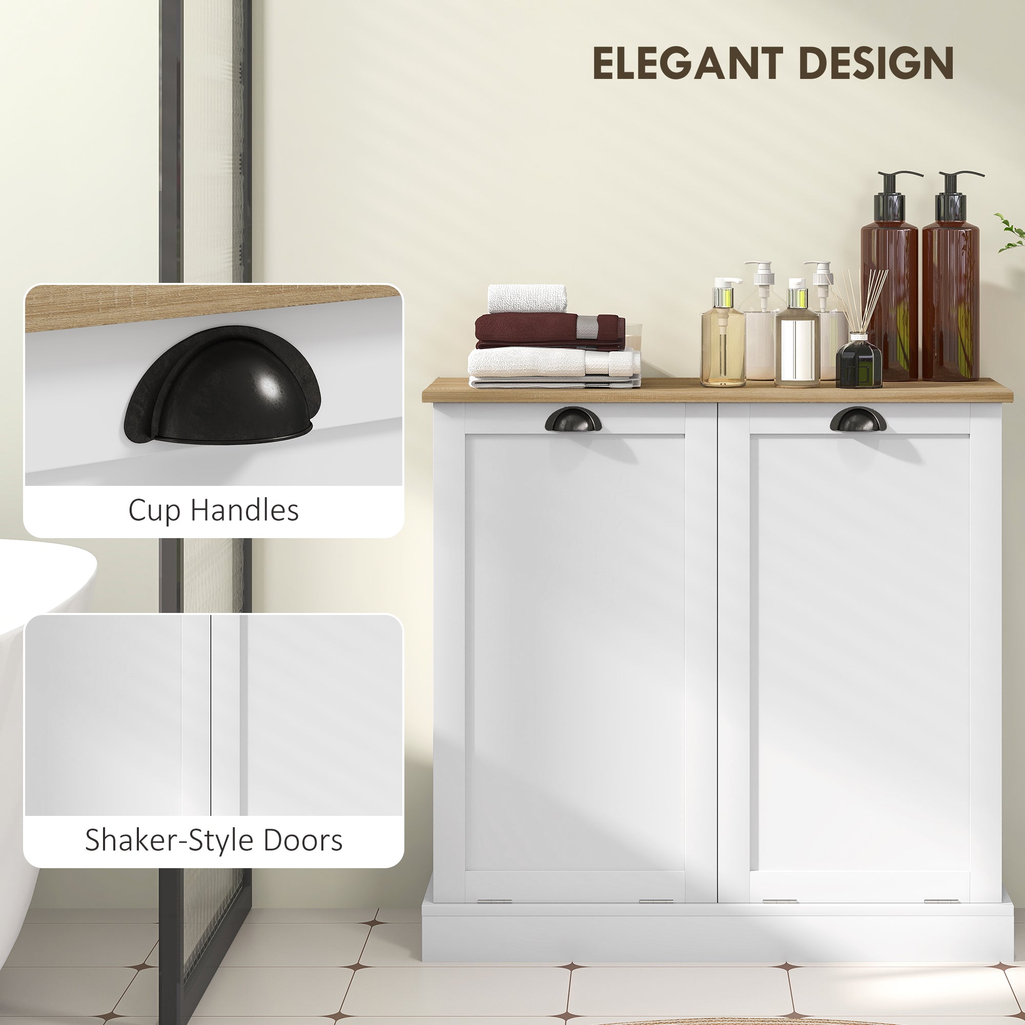 Dual Tilt out Laundry Hamper Cabinet with 2 Removable Basket, Modern Bathroom Storage Cabinet with Shaker Doors and Handles, White