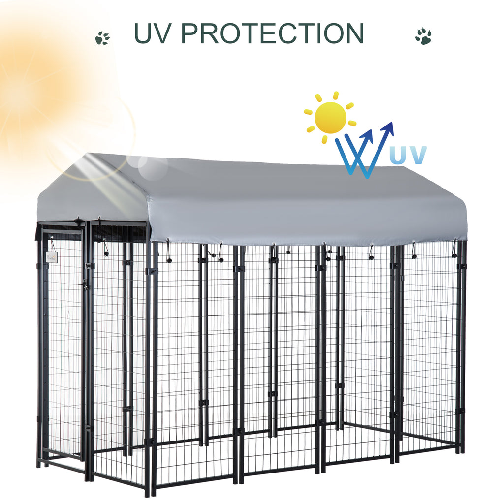 Outdoor Dog Kennel with Roof, 8' x 4' x 6' Heavy Duty Welded Wire Dog Playpen Enclosure with Escape-proof Lock, UV-Resistant & Waterproof Cover, for Large Dogs, Silver