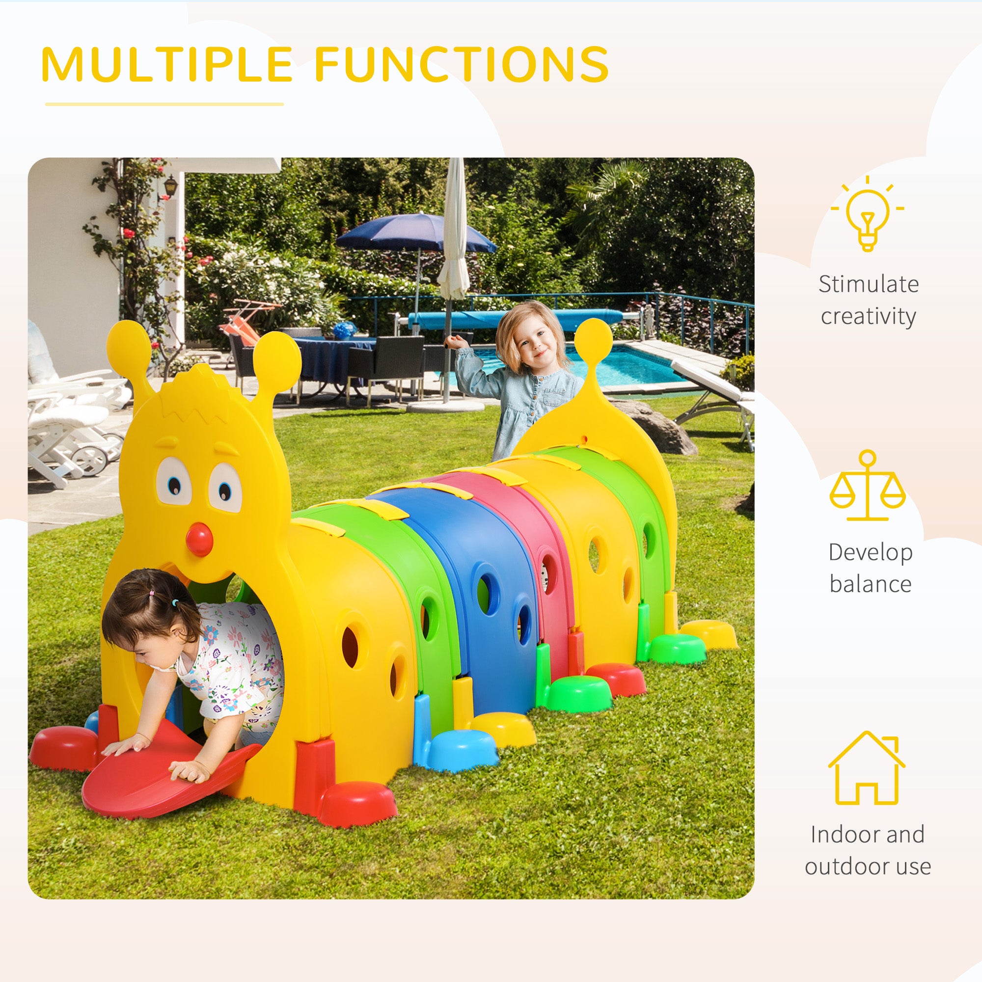 Caterpillar Play Tunnel, Toddler Tunnel for Kids Crawl and Climb Through, Kids' Play Structure Indoor Outdoor, 6 Sections, Multicolored