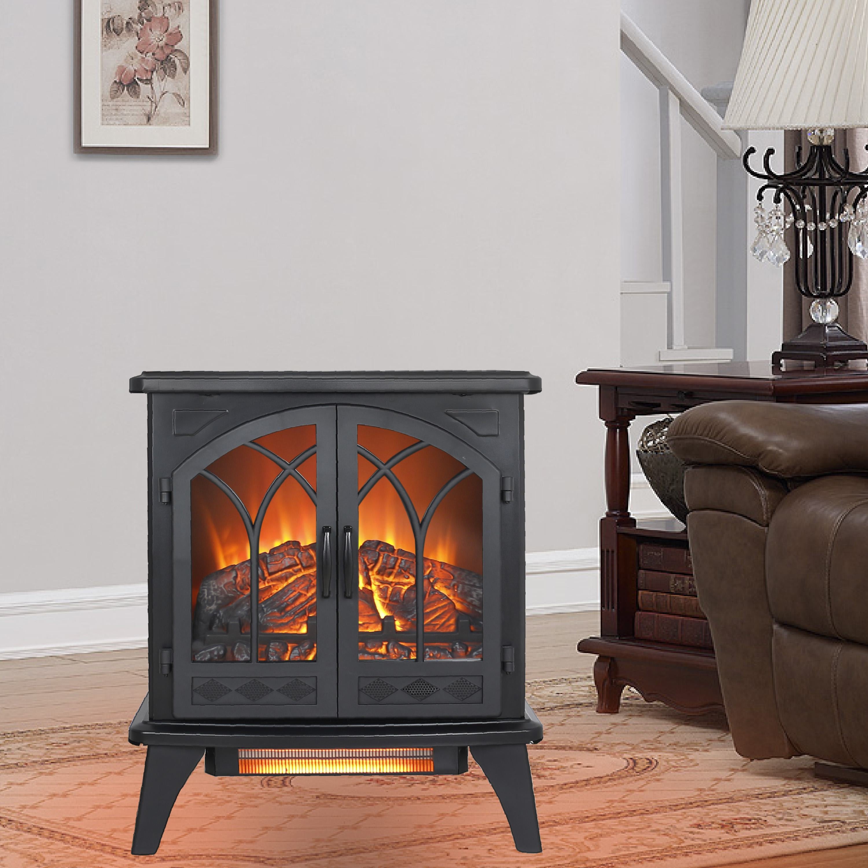 24" 3D Flame Electric Infrared Quartz Fireplace Stove with Adjustable Thermostat, and Remote Control, Heats Up to 400 Sq. Ft., Antique Black