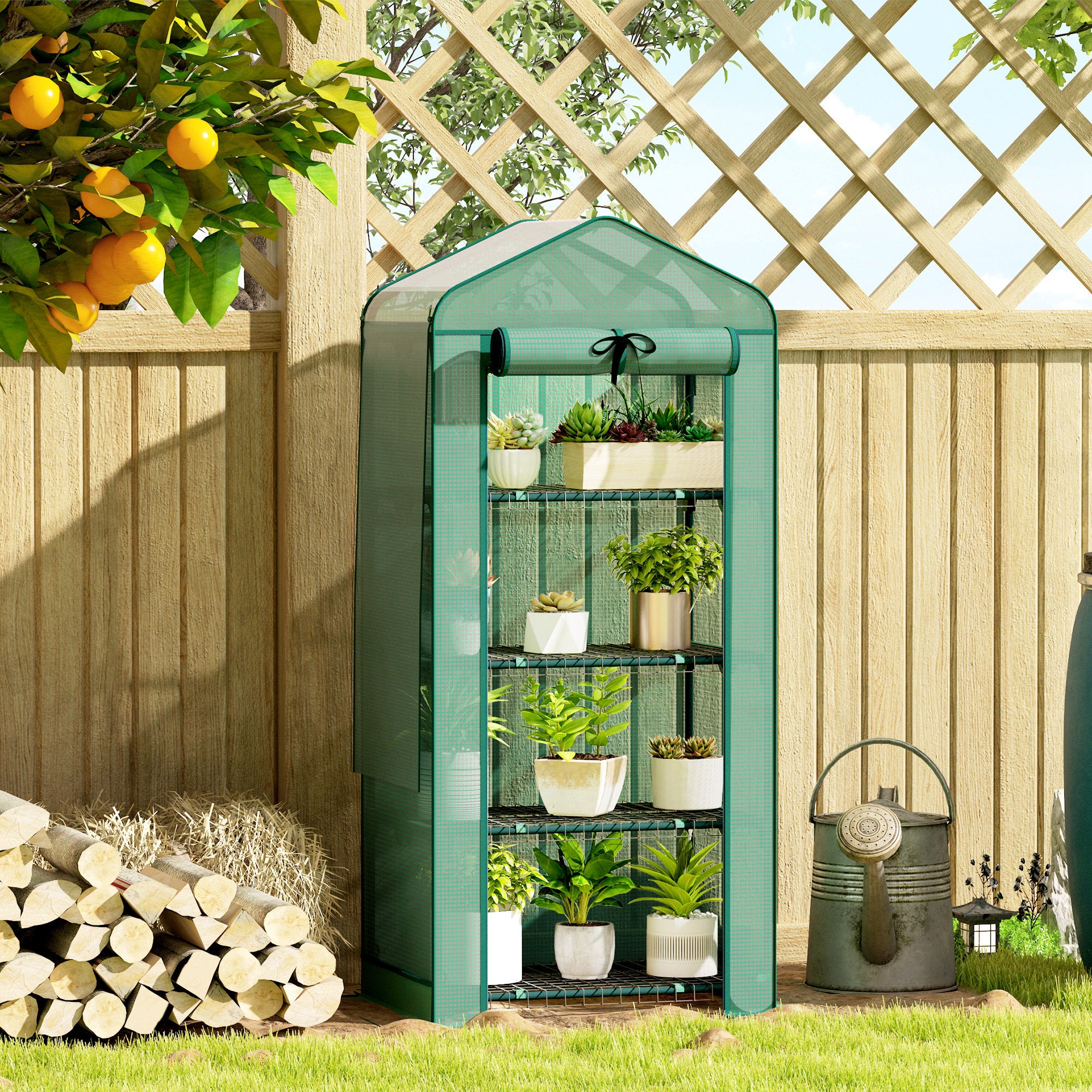 Mini Greenhouse with Screen Roof, 4 Tier Portable Small Greenhouse with High Strength PE Cover, Green