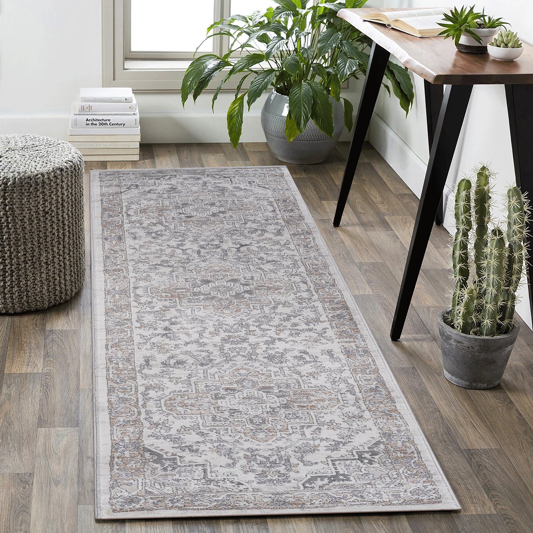 Naar 2x8 Stain-Resistant Area Rug with Cotton Backing, Medium Pile Height, Kid and Pet-Friendly Carpet, 96" L x 26" W x 0.35" H, Ivory