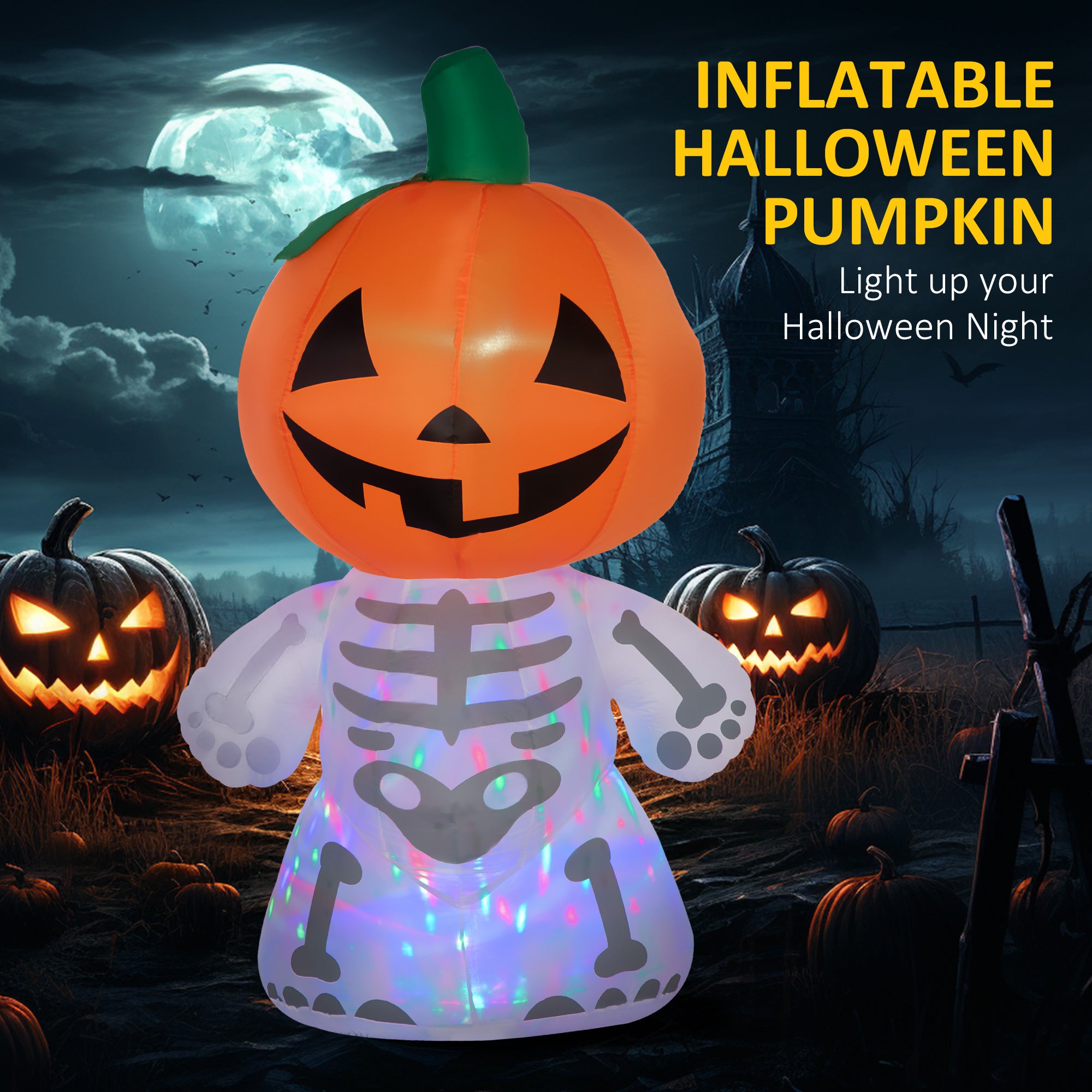 6ft Halloween Inflatables Outdoor Decorations, Smiling Skeleton Ghost with Pumpkin Head, Blow Up LED Yard Decor for Garden, Lawn, Party, Holiday, Waterproof